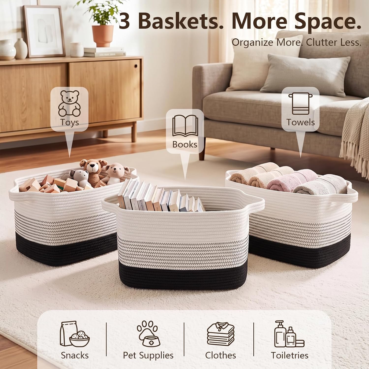 Thumbnail 1 de OIASKET MSAN39P3 Woven Cotton Storage Baskets, 3-Pack, Gradient Black