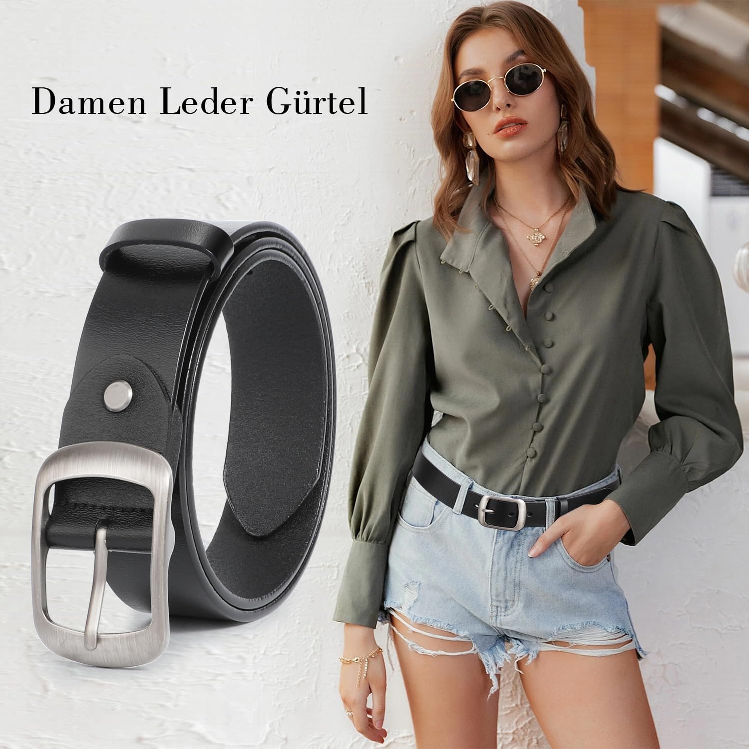 Detalle de JasGood Damen-Ledergürtel für Jeans & Kleider mit Dornschließe