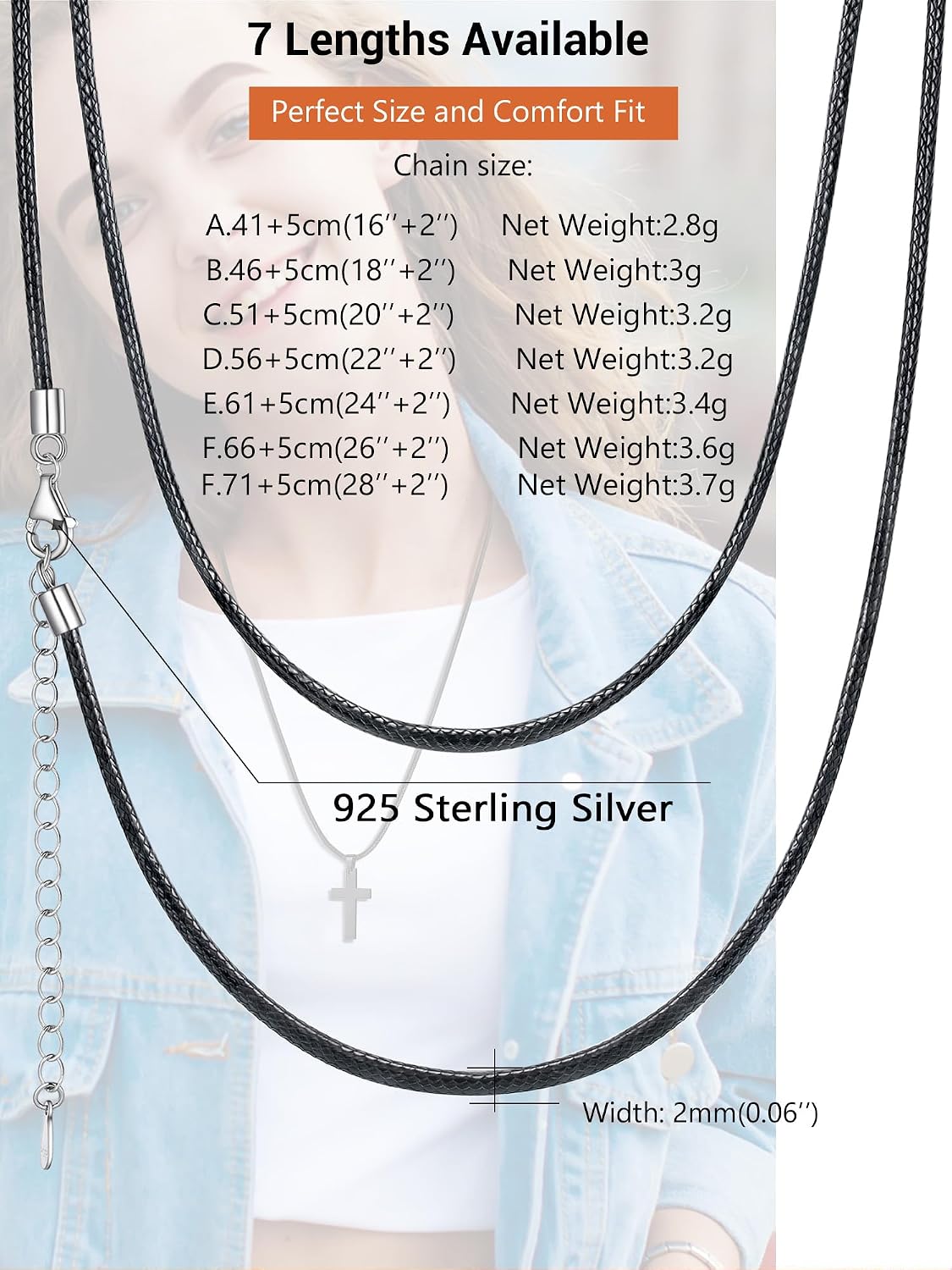 Detalle de Collier PROSILVER en cuir noir avec fermoir Argent 925 (chaîne cordon fin) pour femme et homme
