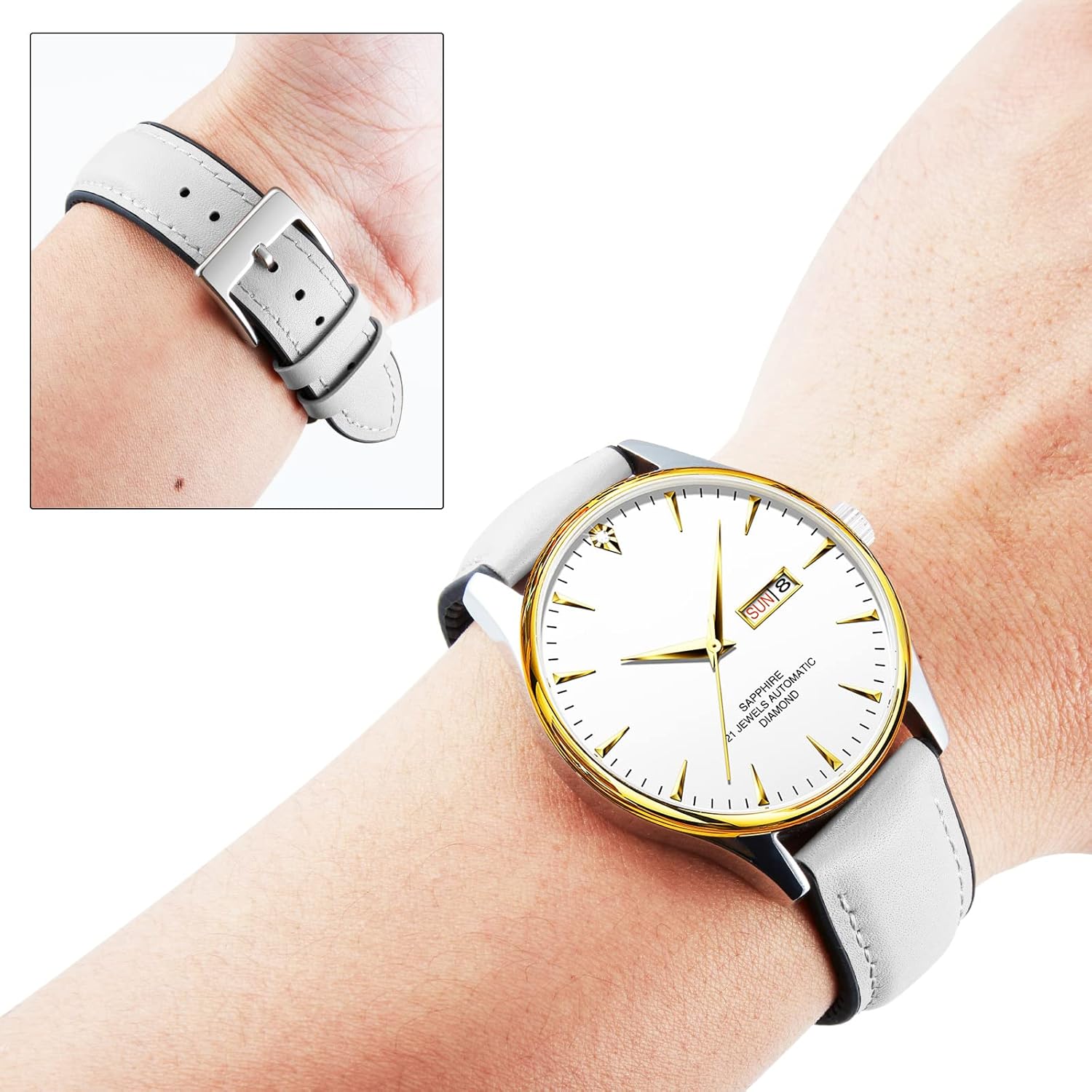 Thumbnail 2 de BINLUN Leder-Silikon Hybrid-Uhrenarmband 14–22 mm mit Schnellverschluss – 6 Farben (Weiß) und silberner Schließe