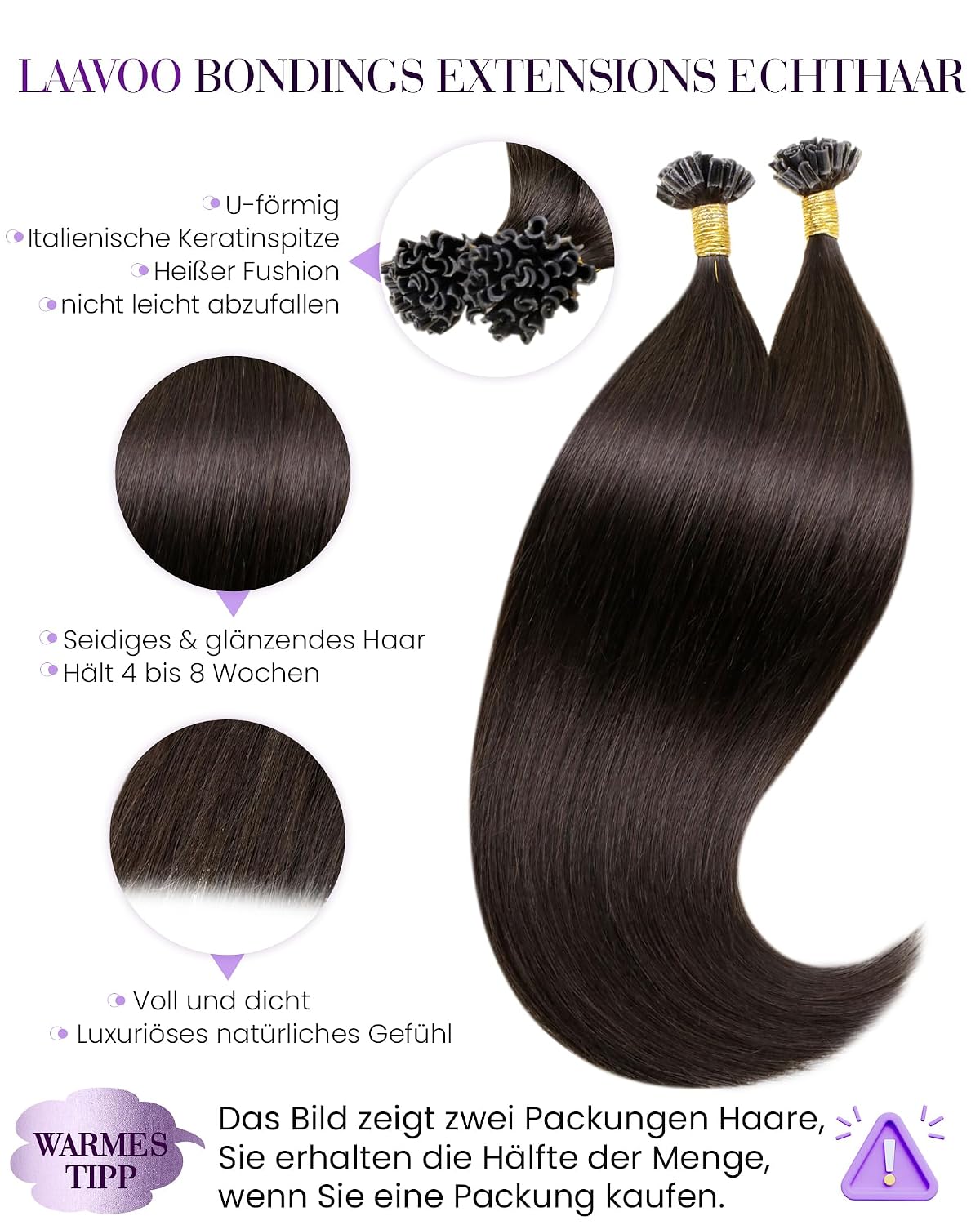 Detalle 2 de LaaVoo Bondings Echthaar Extensions Dunkelbraun – Keratin Bondings, 50 g pro Pack | 35 cm bis 60 cm