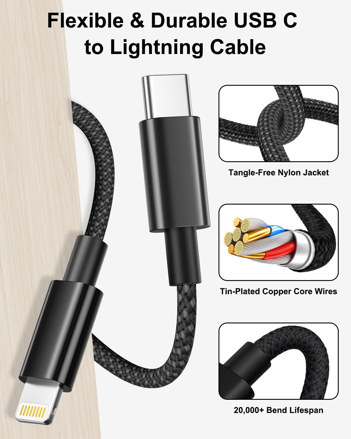 Thumbnail 3 de Cable iPhone Lightning 1 m – Lot de 2, certifié MFi, câble tressé nylon USB‑C vers Lightning