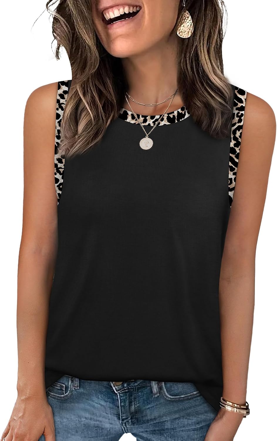 Detalle 2 de Sampeel Women’s Color Block Boho Tank Tops (Round Neck, Sleeveless, Curved Hem)