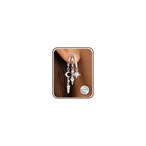 Detalle de CASSIECA Sterling Silver Dangle Earrings for Women – Triple Hoops with Cubic Zirconia