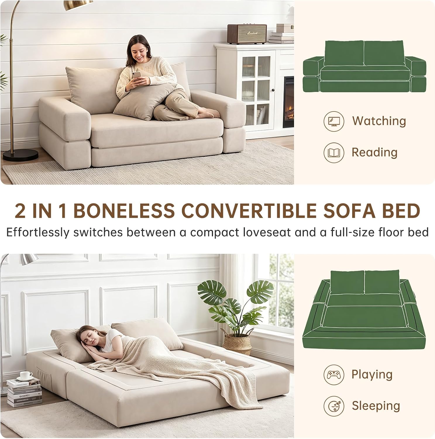 Detalle de Dailyhome DHSOFA-0239-BEIGE-NEW-CA Convertible Corduroy Sofa Bed, Beige