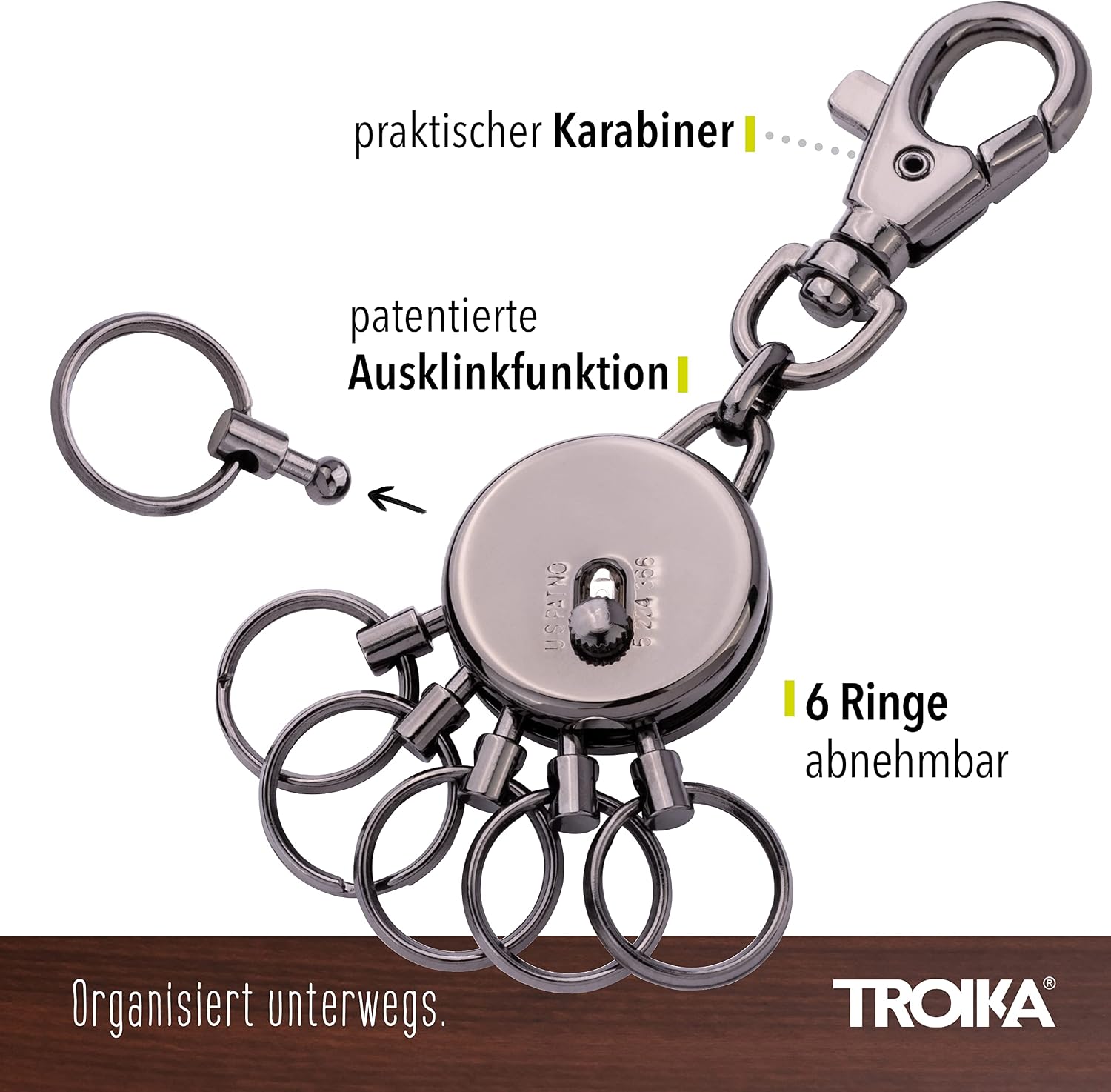 Detalle 2 de TROIKA Basic GM (gun metal) – Schlüssel-Organizer mit Karabiner und 6 austauschbaren Ringen