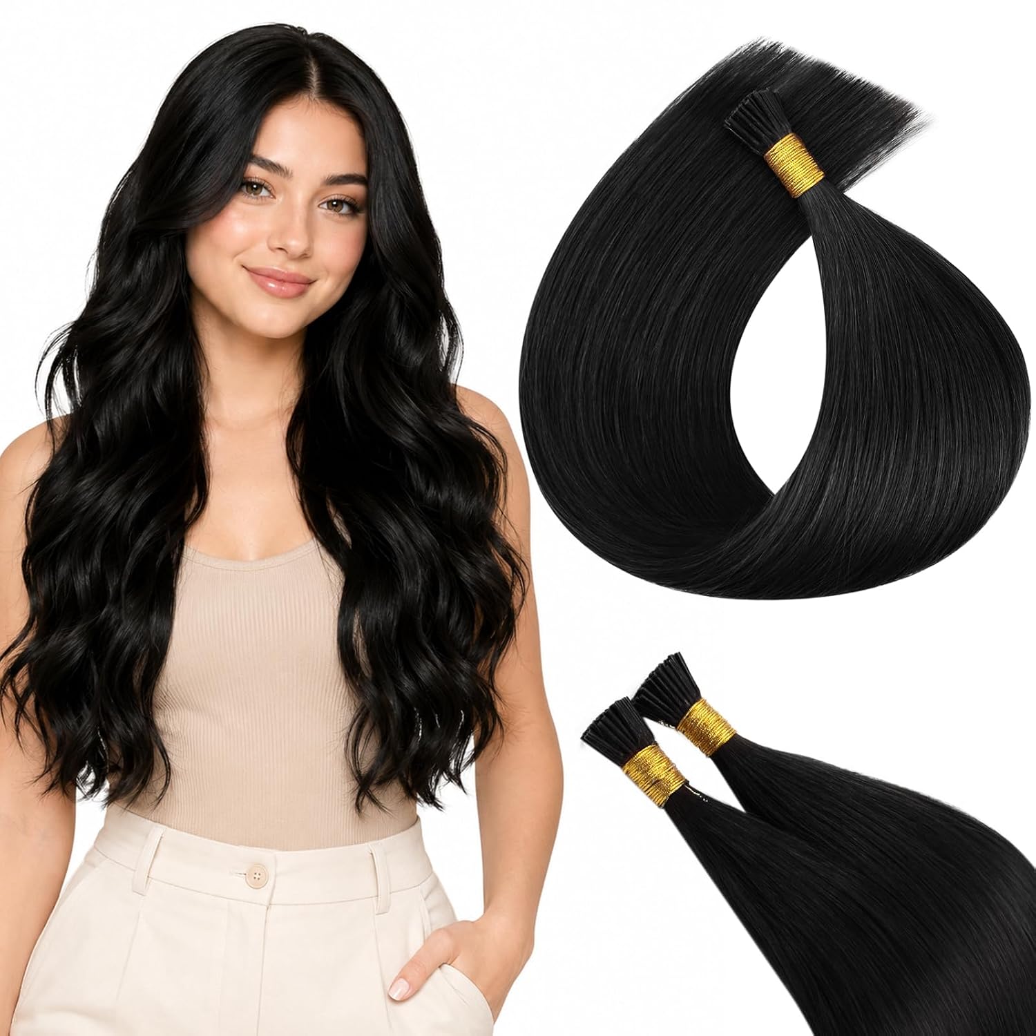 Detalle de Full Shine Itip Human Hair Extensions 24 Inch (Jet Black) – I Tip, 100 Grams, 100 Strands