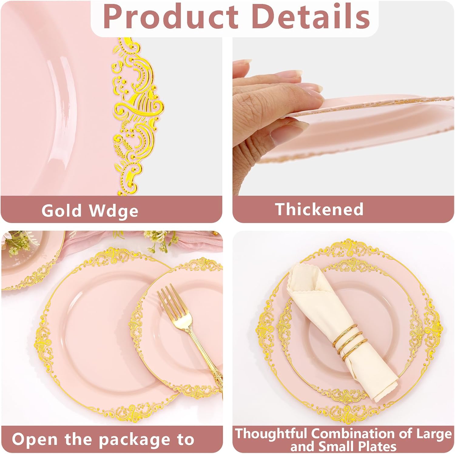 Thumbnail 6 de Joyido 102PCS Pink & Gold Plastic Plates Set (Dinner + Dessert) for Weddings & Parties