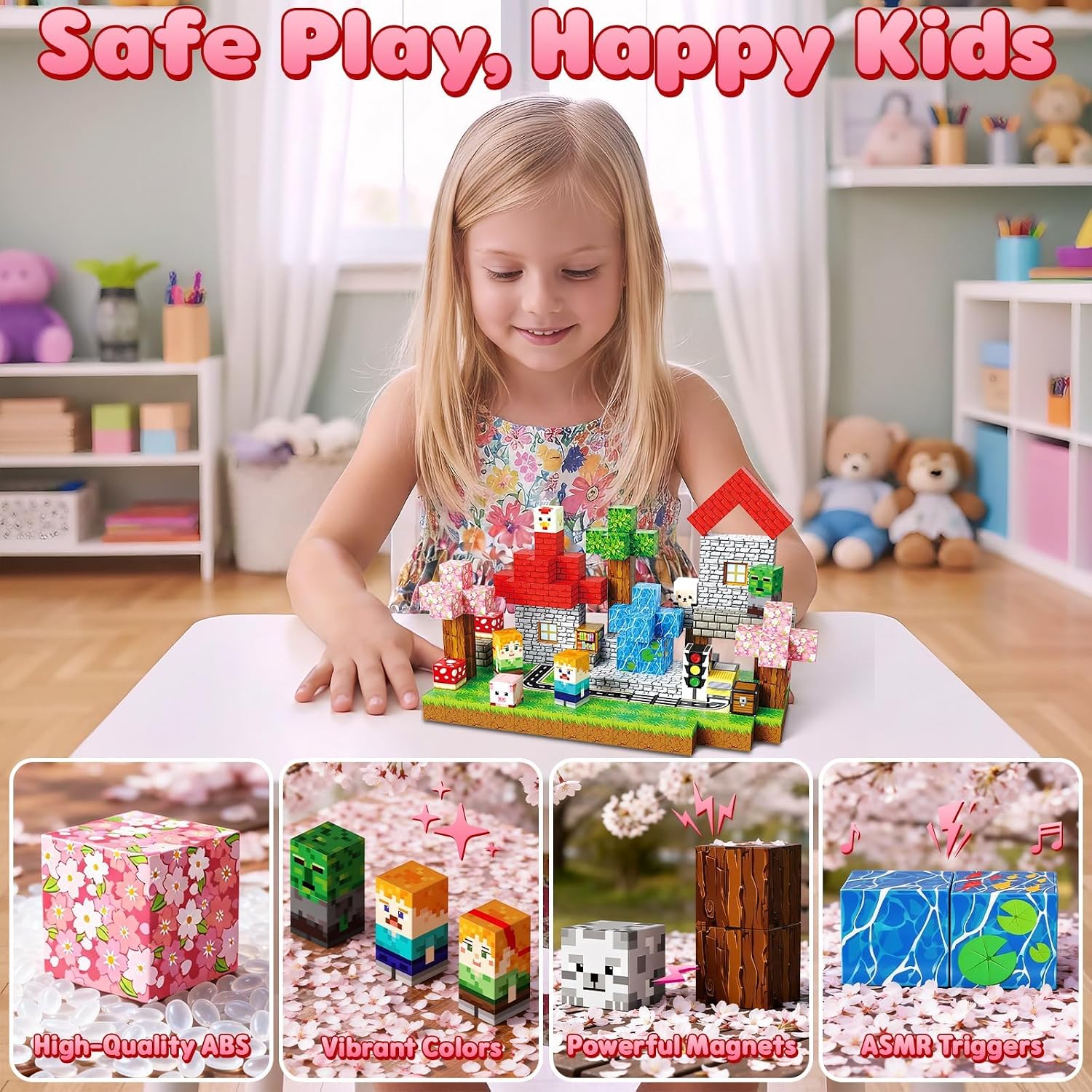 Detalle de Magnetic Blocks 200PCS – Pink Sakura Traffic 0.8in for Kids 3+