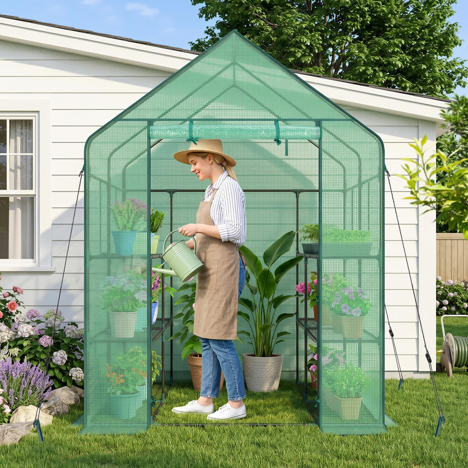 Detalle de Ohuhu Y21-80400-36 Walk-In Greenhouse with PE Cover, 12 Shelves and Screen Windows