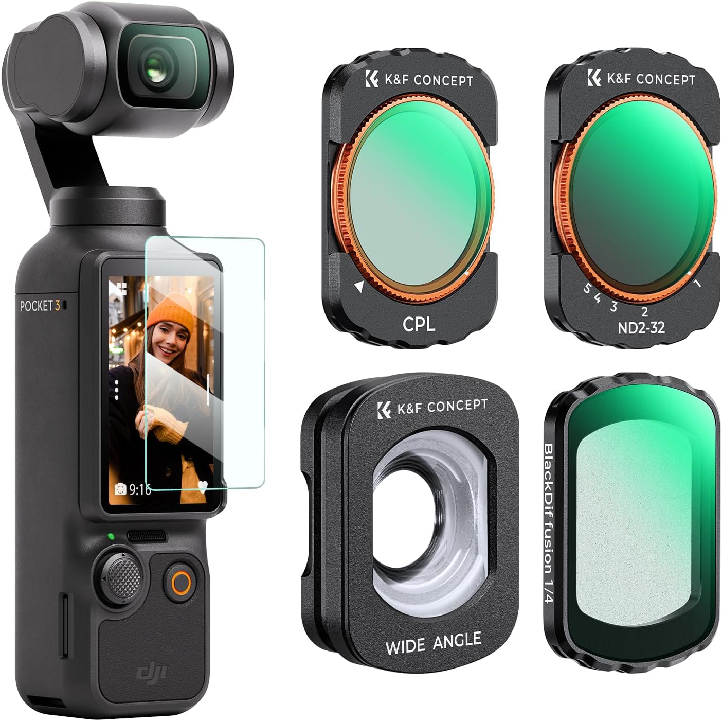 Detalle de K&F CONCEPT FSD01 magnetisches Filter Set für Osmo Pocket 3/4 – 4er-Filter mit Weitwinkel, CPL, ND2-32 und Black Mist 1/4