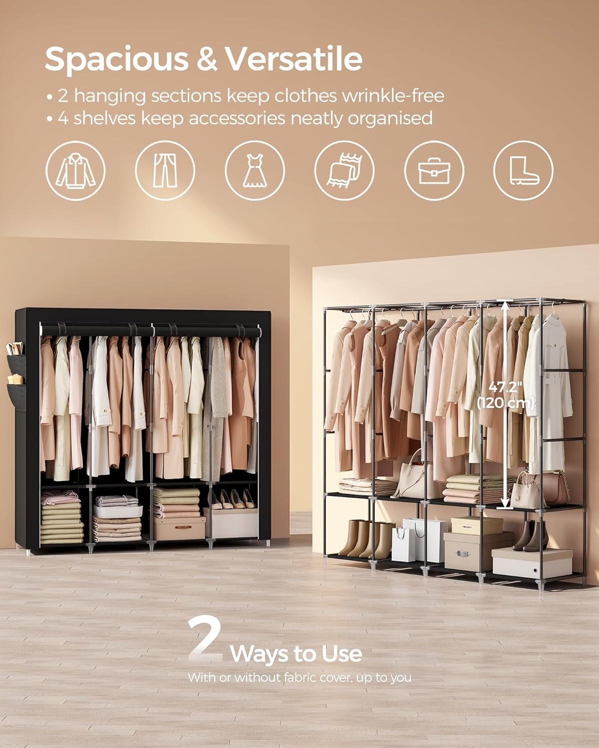 Detalle 2 de SONGMICS RYG094B02 portable clothes wardrobe 170×45×167 cm 🚪