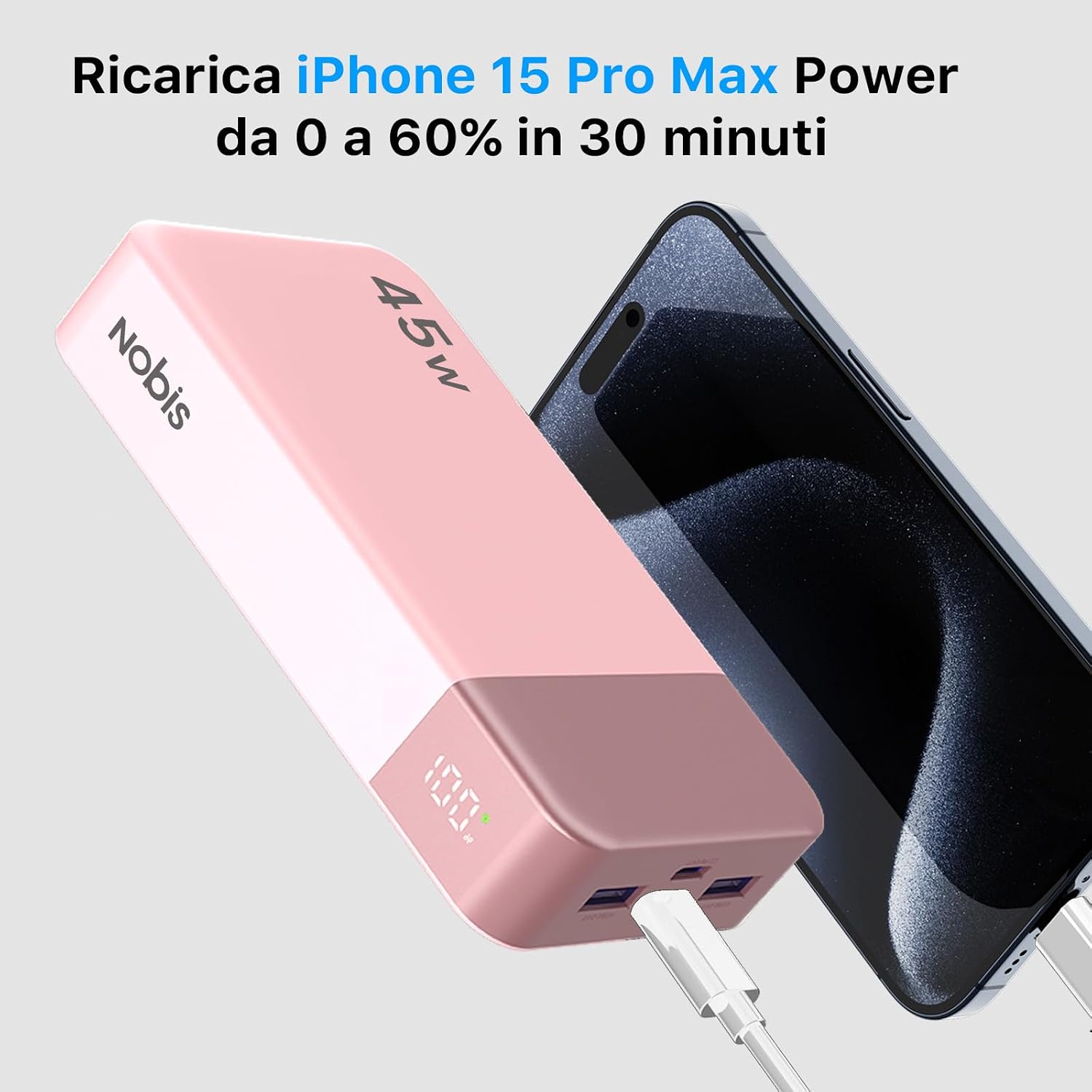 Detalle 2 de NOBIS Power Bank 20000mAh 45W: ricarica bidirezionale USB-C 4 porte, display LED – Rosa