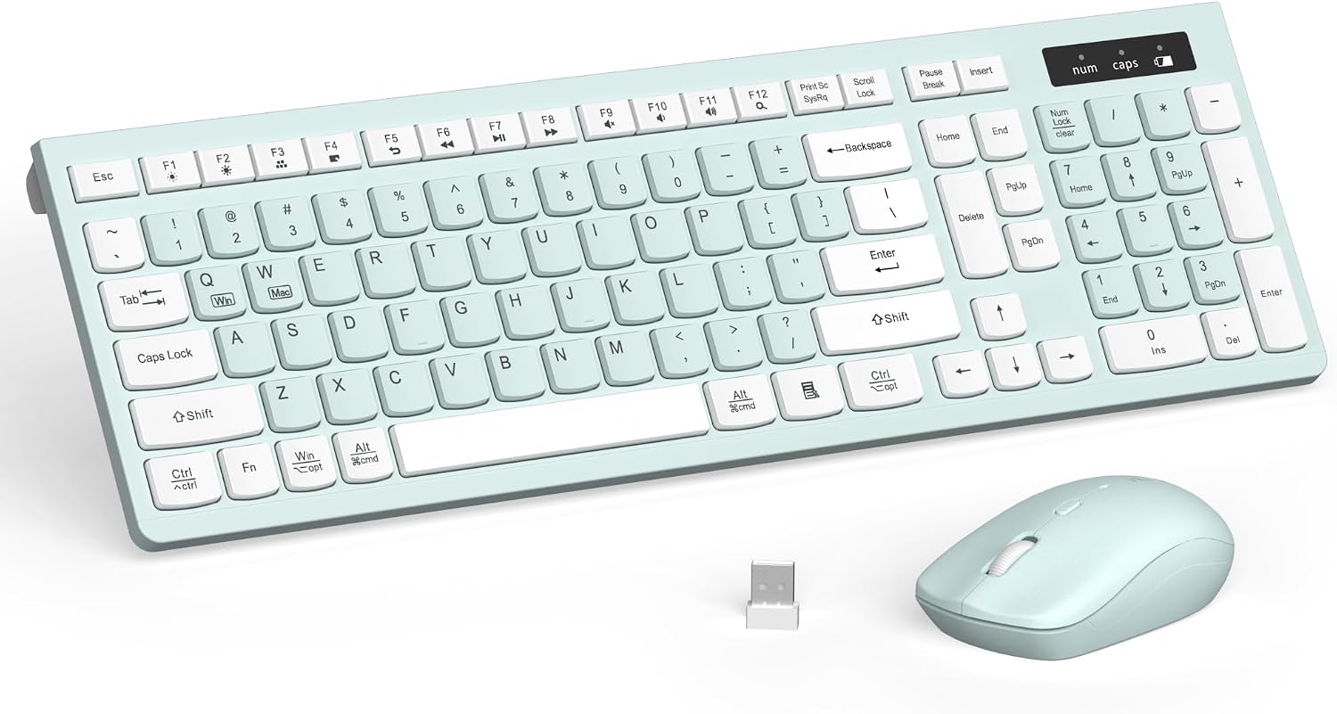 Detalle de RECCAZR Wireless Keyboard and Mouse Combo, Full-Size, Quiet, Mint Green