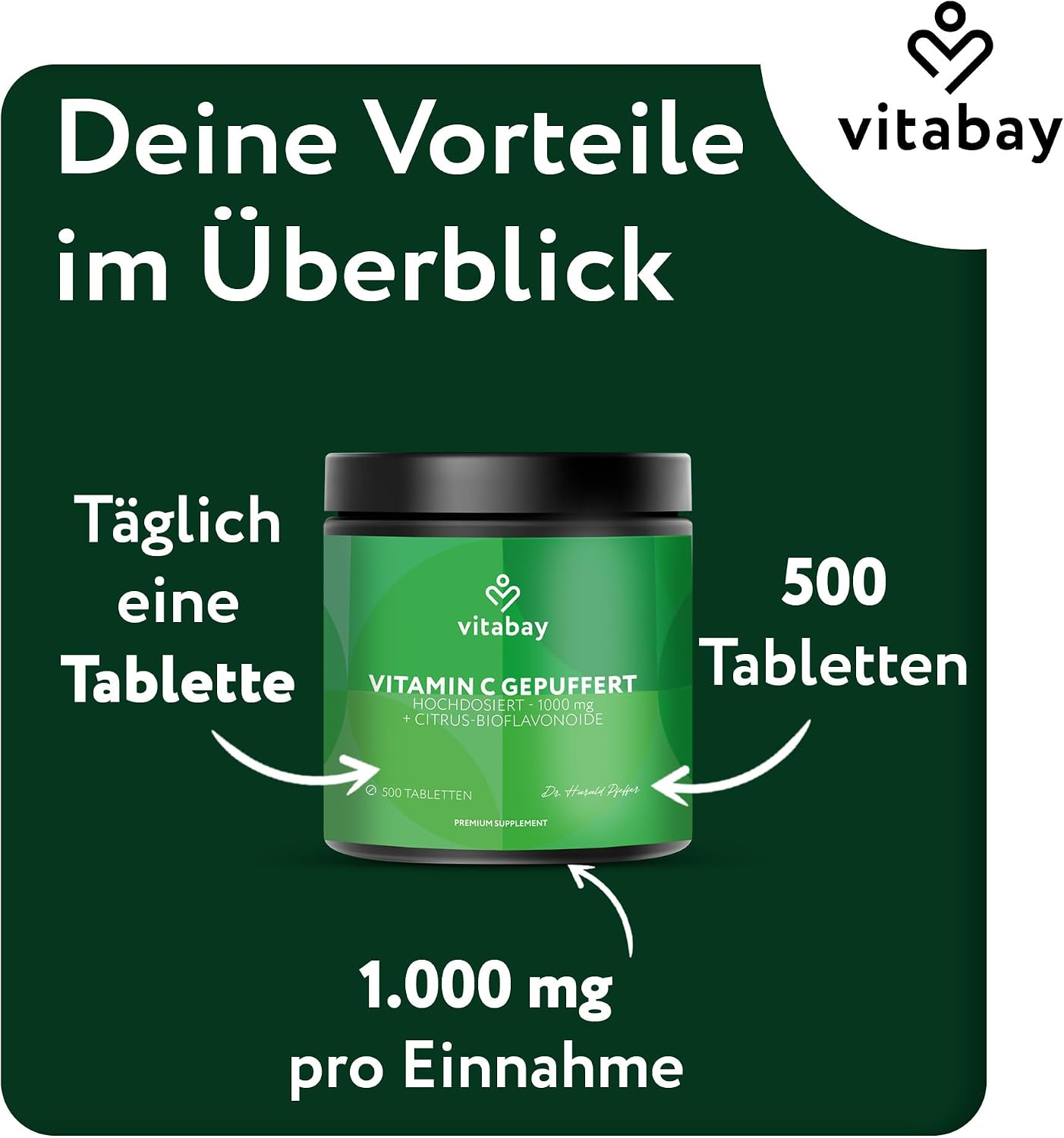 Detalle de Vitabay Vitamin C 1000 mg – 500 vegane Time-Released Tabletten mit Depot-Effekt
