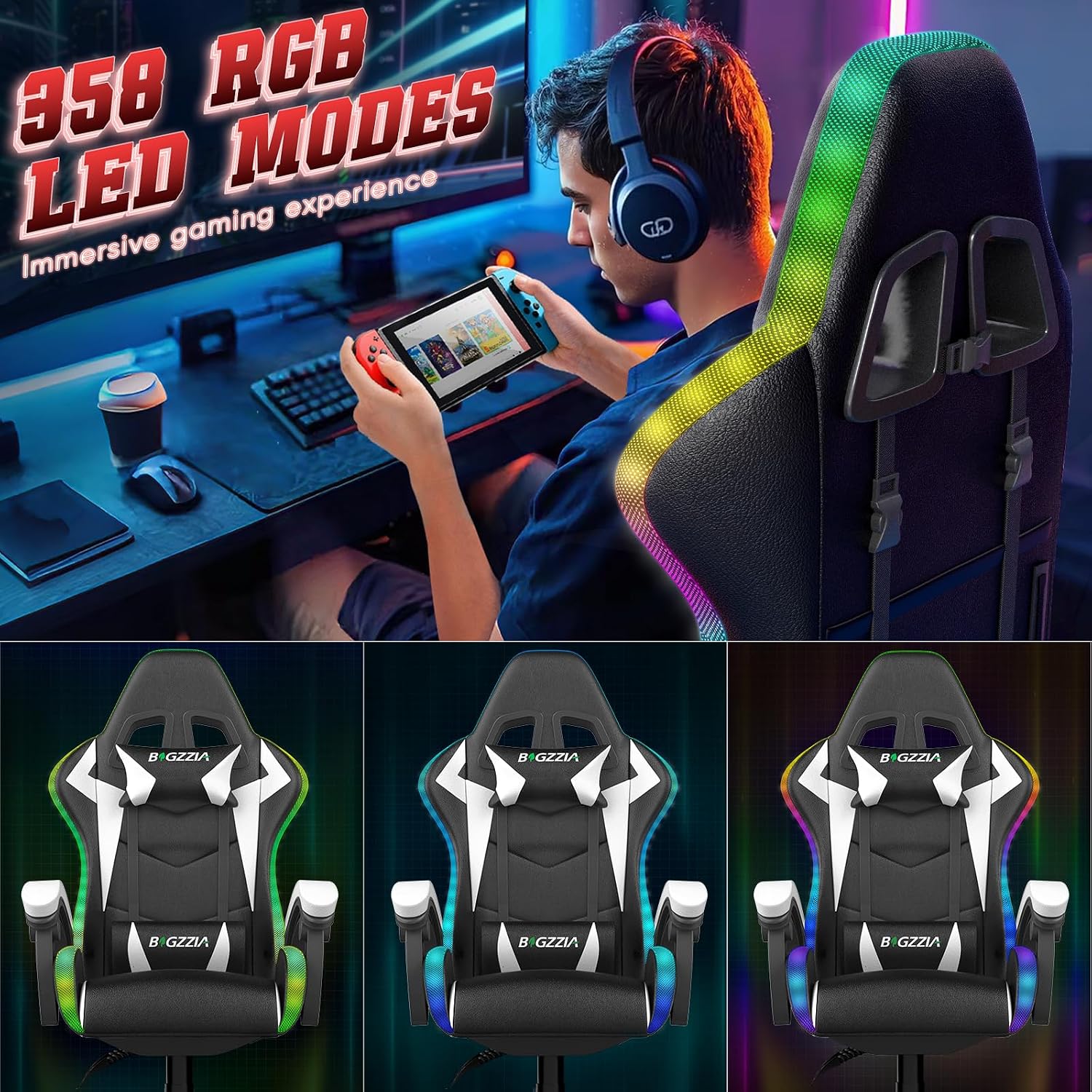 Detalle de Racingreat LED Gaming Stuhl mit RGB-Lichtleiste, Kopfstütze & Lendenwirbelstütze (90°–135°) – weiß