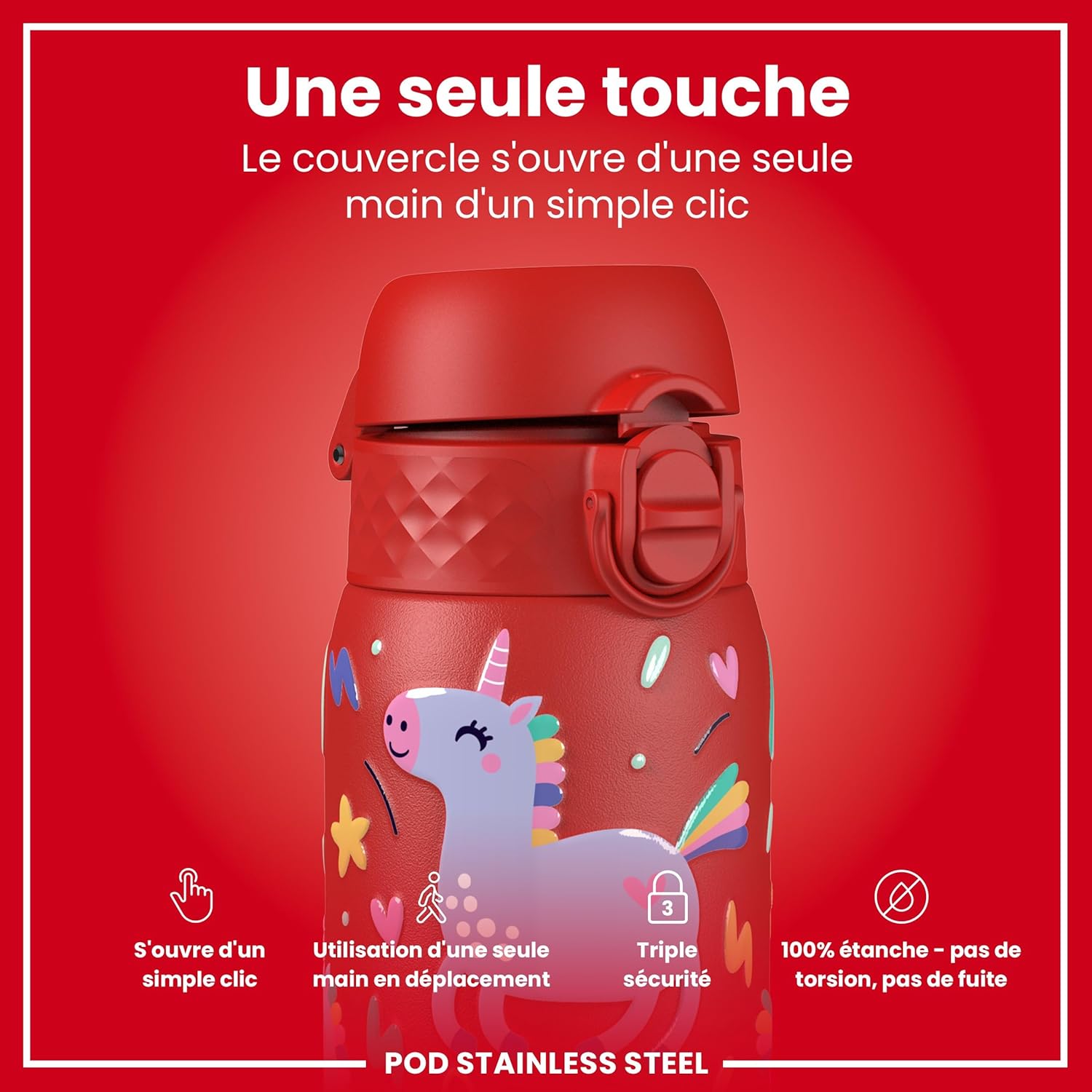 Detalle de ION8 Gourde Enfant – Anti-Fuite, Ouverture Facile et Verrouillage Sécurisé, Lavable au Lave-Vaisselle, Motif Licornes
