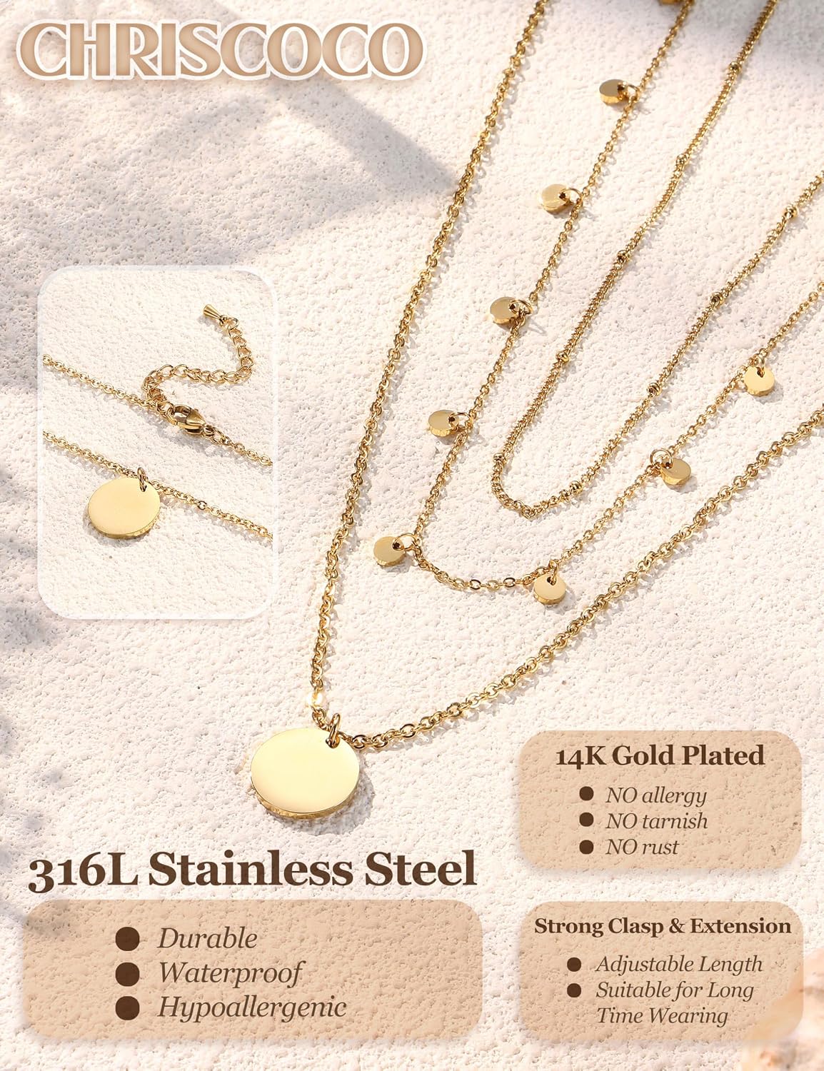 Detalle de Chriscoco 3er Layered Kette Gold Damen – Edelstahl, Wasserfest, 3-Teiliges Layering-Set