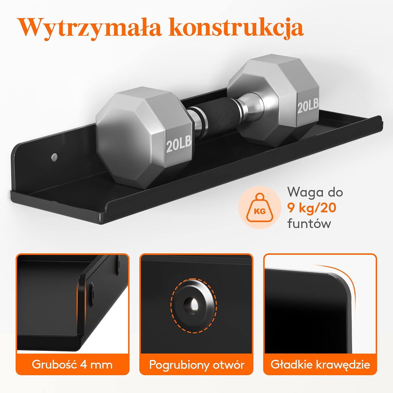 Detalle de Lifewit 23119 – zestaw 6 czarnych półek ściennych 38 cm