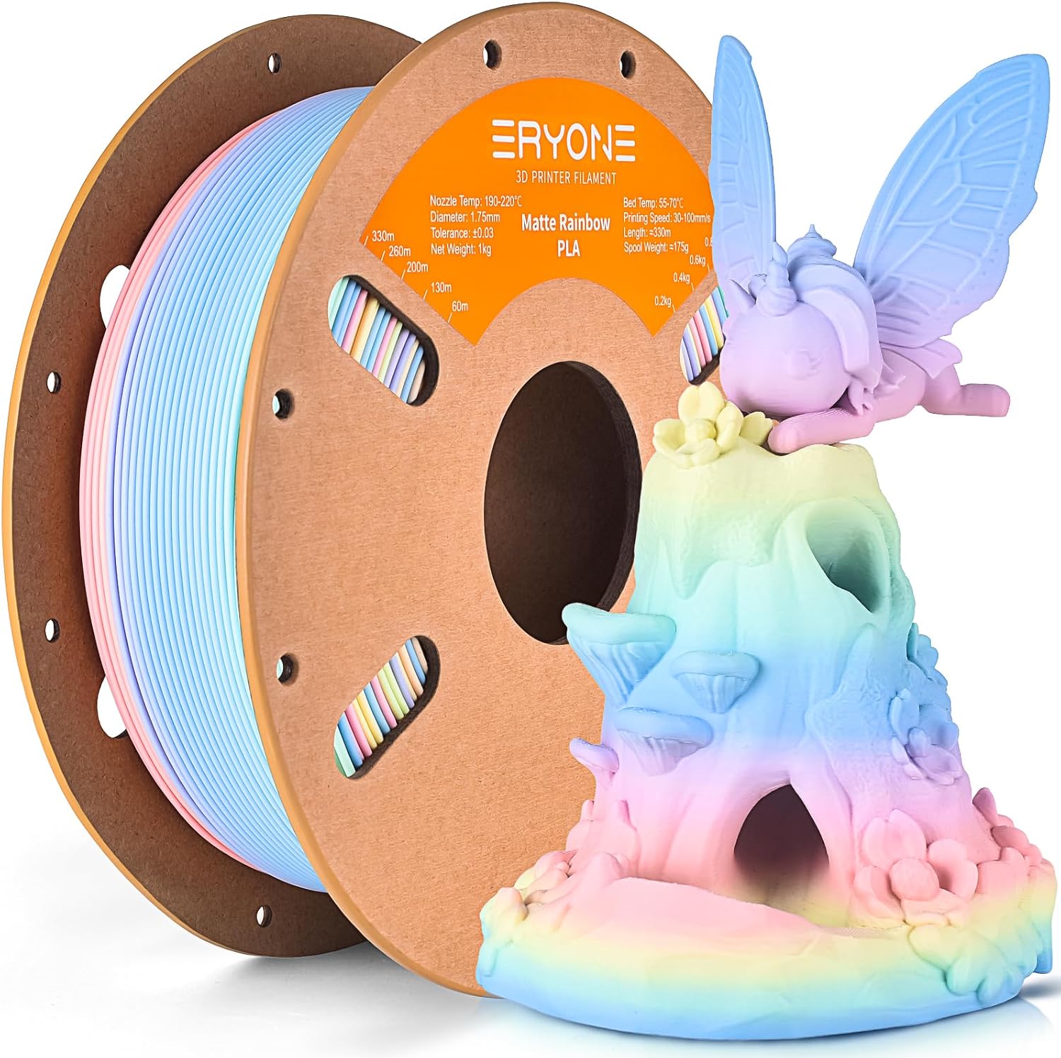 Detalle de Matte Rainbow PLA Filament 1,75 mm von ERYONE – multicolor frosted Gradient für FDM-Drucker (1 kg)