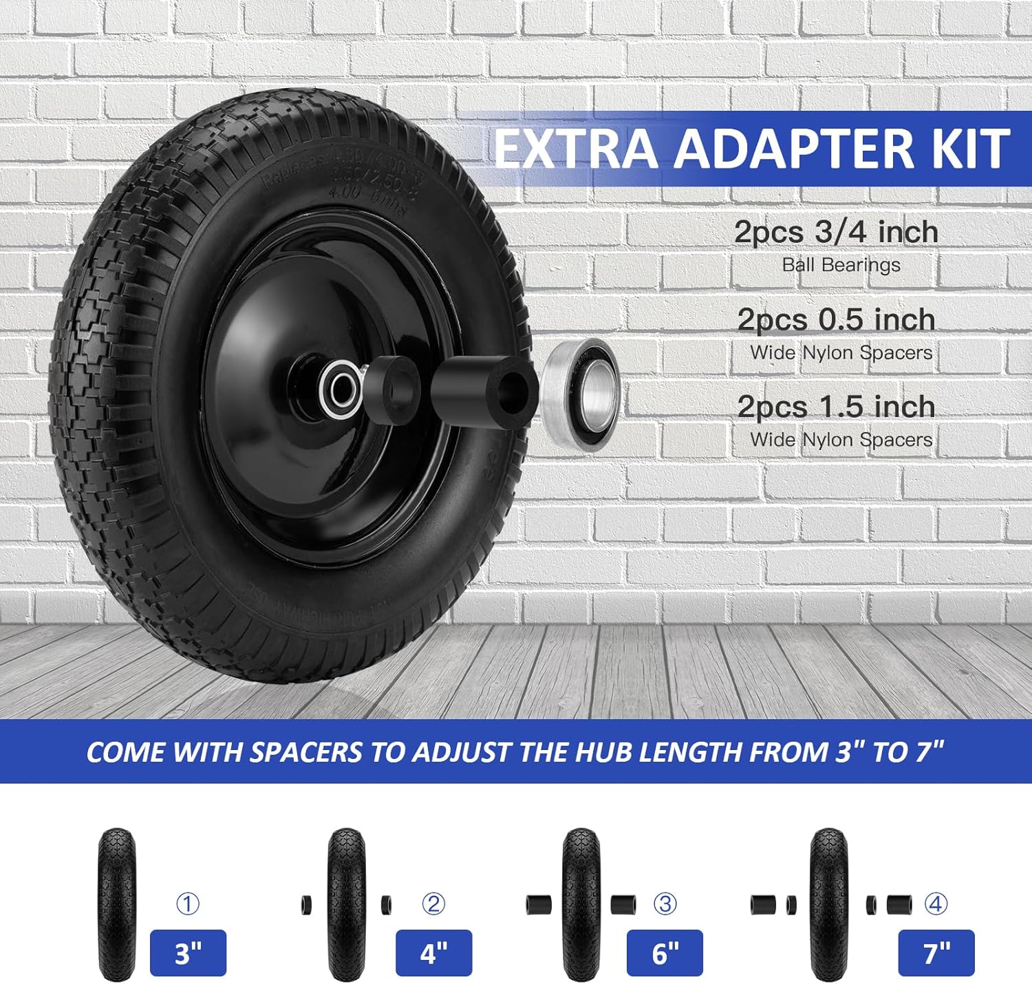 Detalle de 4.80/4.00-8" Flat Free Wheelbarrow Tire with 14.5" Wheel, Universal Hub (3" Center, 3/4" & 5/8" Bearings) — Solid Polyurethane, 300 lb Capacity
