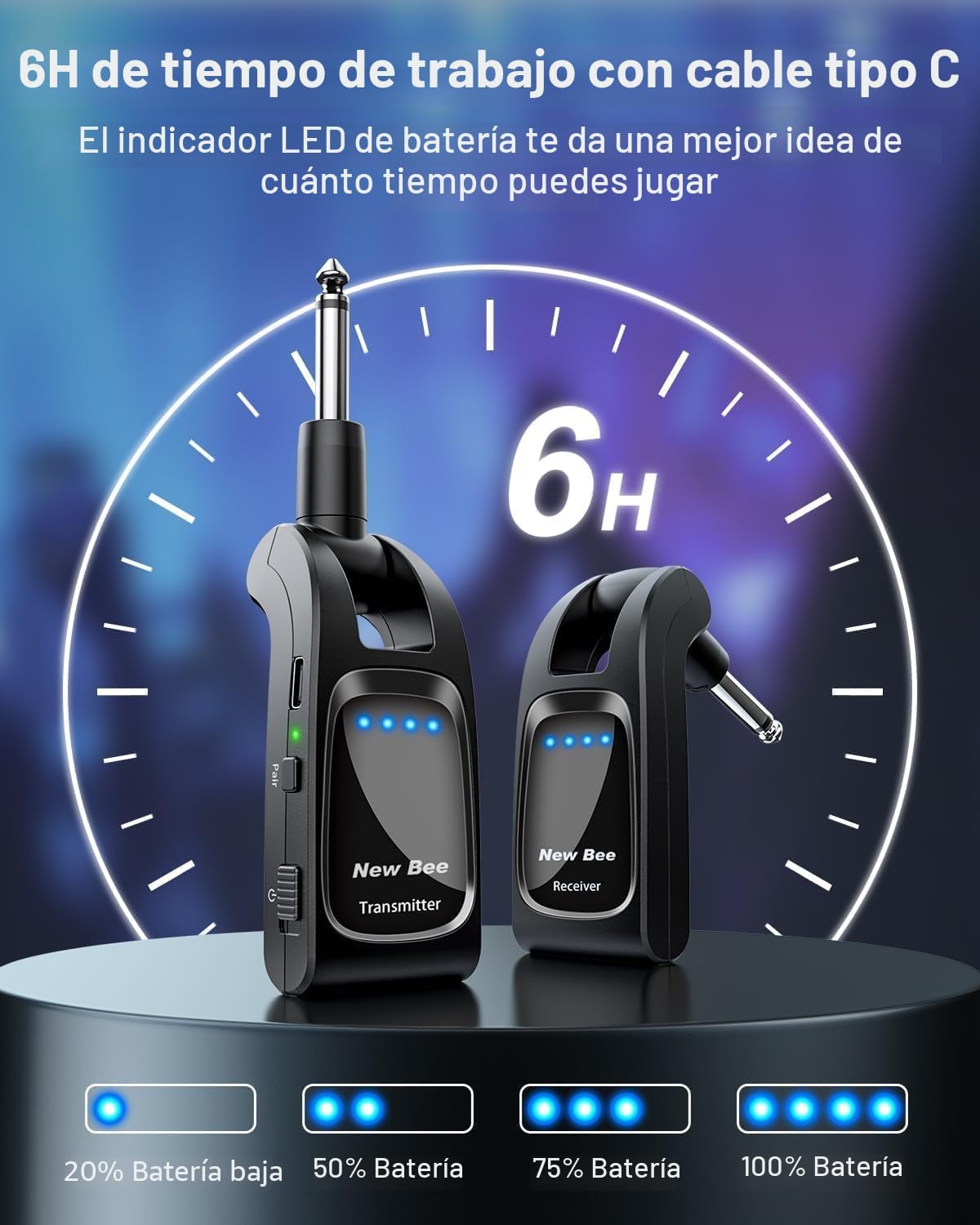 Thumbnail 5 de New Bee 2.4GHz Sistema Inalámbrico de Guitarra con 6 Canales — Transmisor y Receptor Recargables