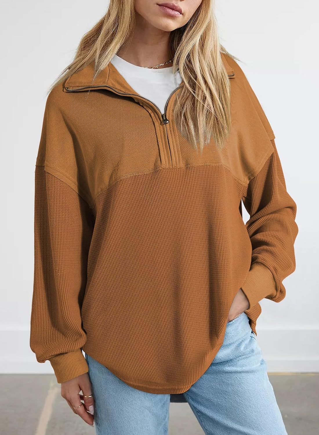 Thumbnail 1 de SHEWIN Women’s Waffle Knit Half-Zip Sweatshirt (Waffle Knit Pullover) for Fall & Winter