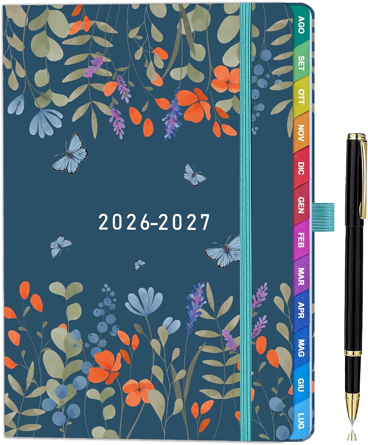 Detalle de Agenda Scolastica 2026–2027 Orchidea: agenda settimanale verticale con penna, segnalibro e tasca interna