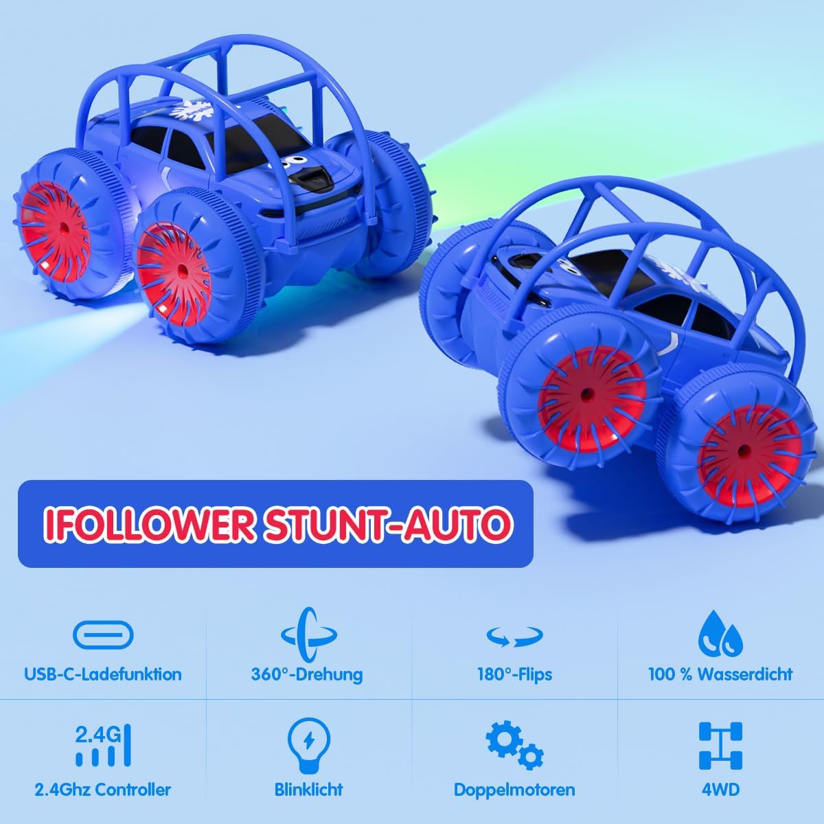 Detalle de ifollower Ferngesteuertes 4WD Amphibien-Monstertruck-Auto mit LED, 2,4GHz & 360° Drehung