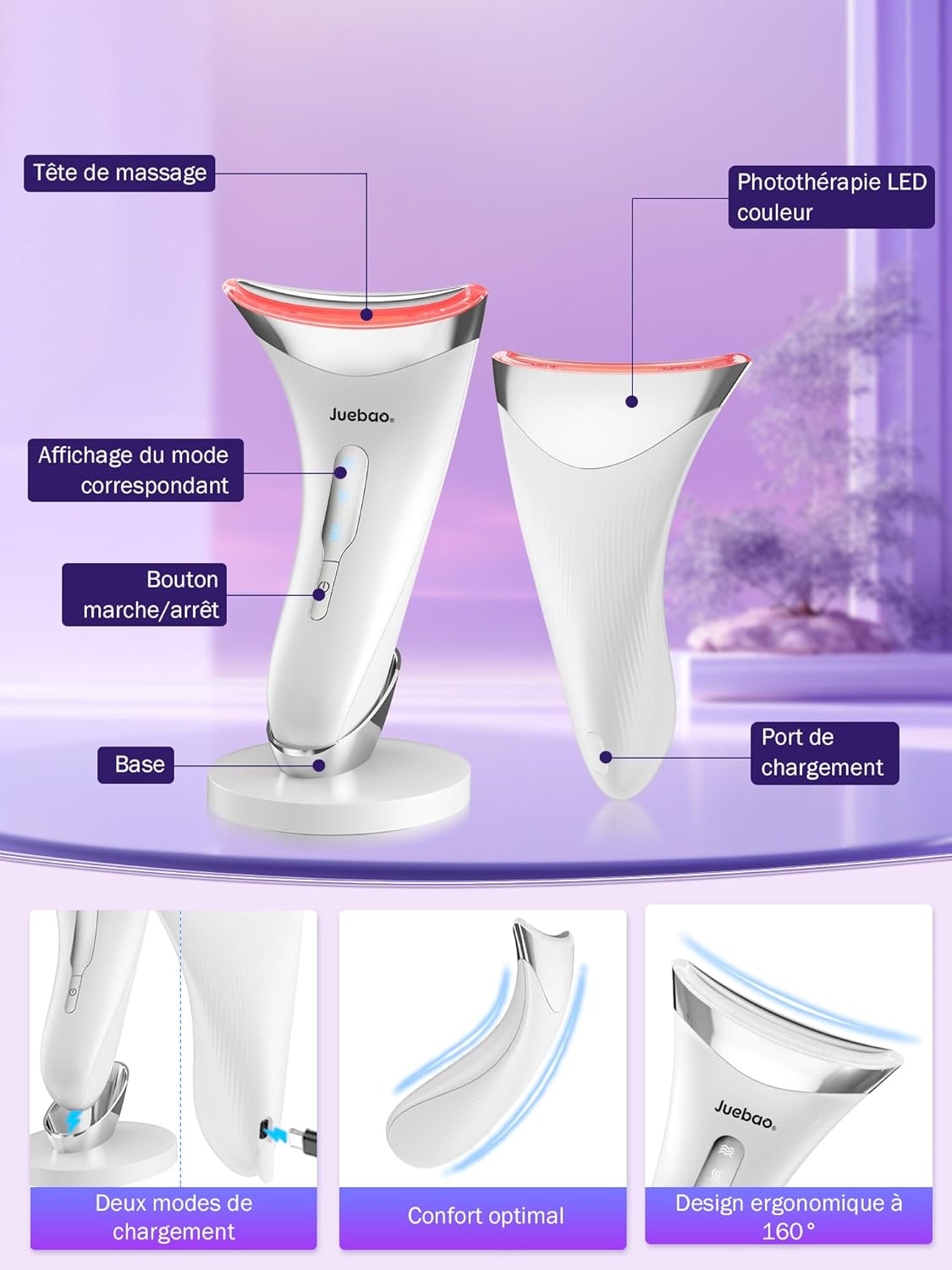 Detalle de Appareil Anti Rides Visage Massage : Masseur Facial Électrique avec EMS, LED et Chauffage 45°C