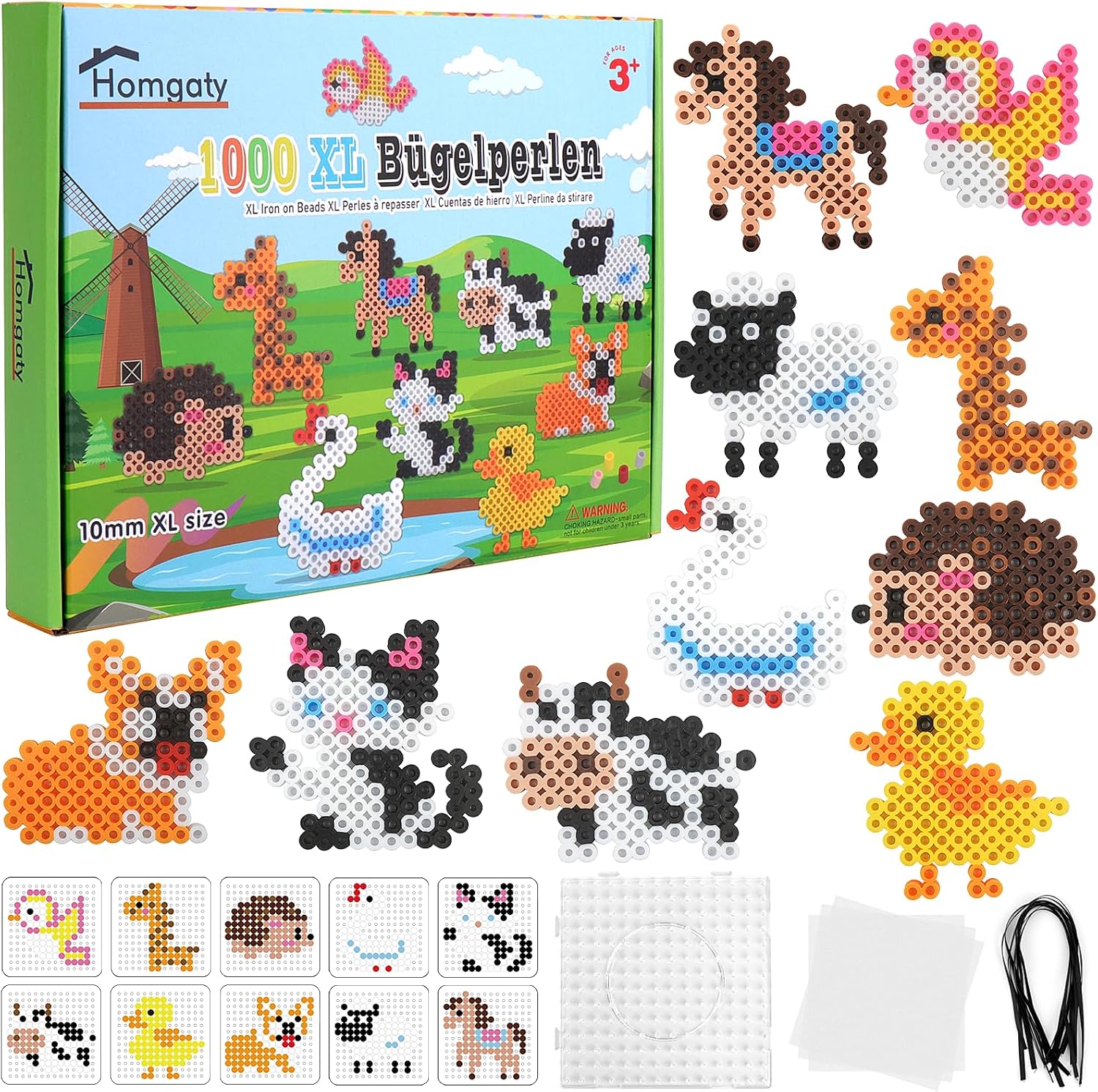 Homgaty großes Bügelperlen-Set (10 mm, ca. 1.000 Stück) mit Tier-Mustervorlagen und Bügelpapier