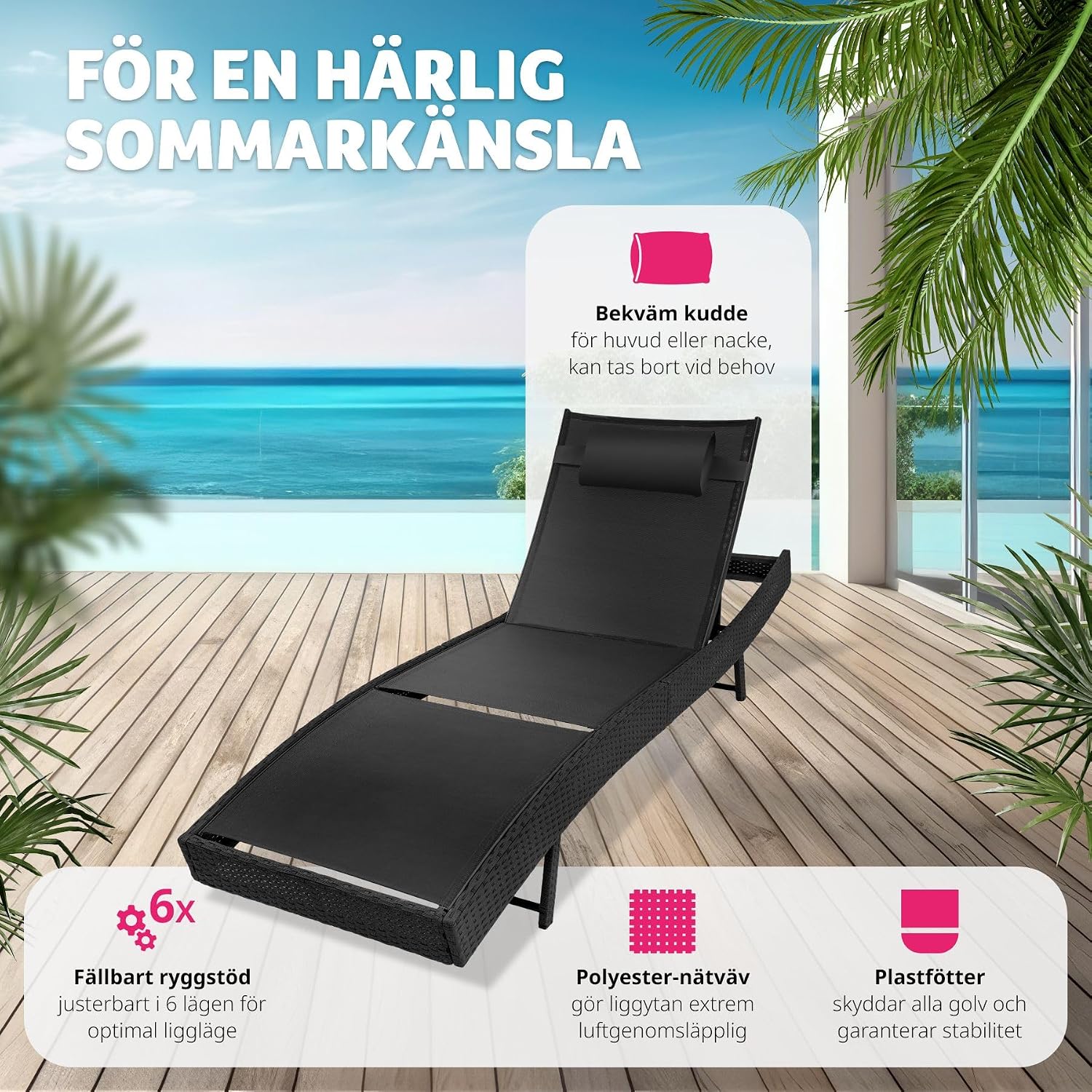 Detalle de tectake Moana solsäng i konstrotting med 6-läges ryggstöd och kudde
