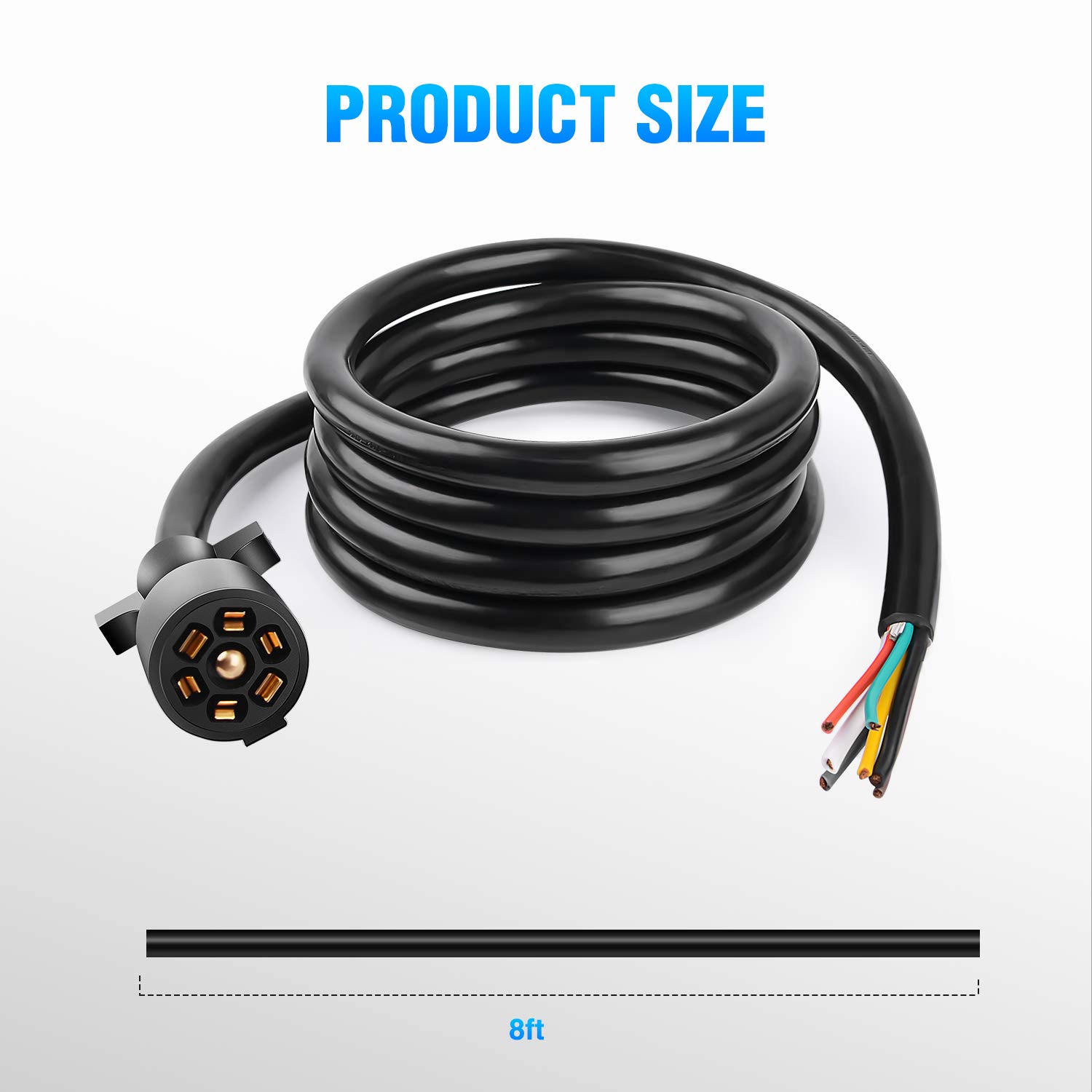 Detalle de Nilight 50049R 7-Way 8-Foot Heavy-Duty Trailer Cord (7-Way Plug Inline) for RV & Camper Wiring