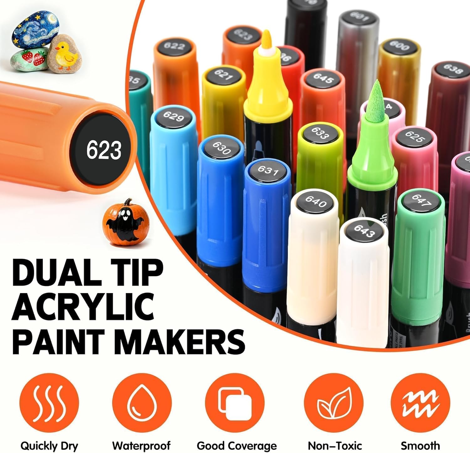 Thumbnail 3 de Eessmo 24 Colours Dual Tip Acrylic Paint Markers (fine tip & brush tip) for rock painting and crafts