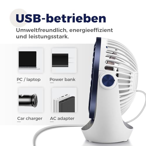 Detalle de OCOOPA USB Ventilator – kompakter Tischventilator mit starkem Wind, 3 Geschwindigkeiten und 360° Kopf