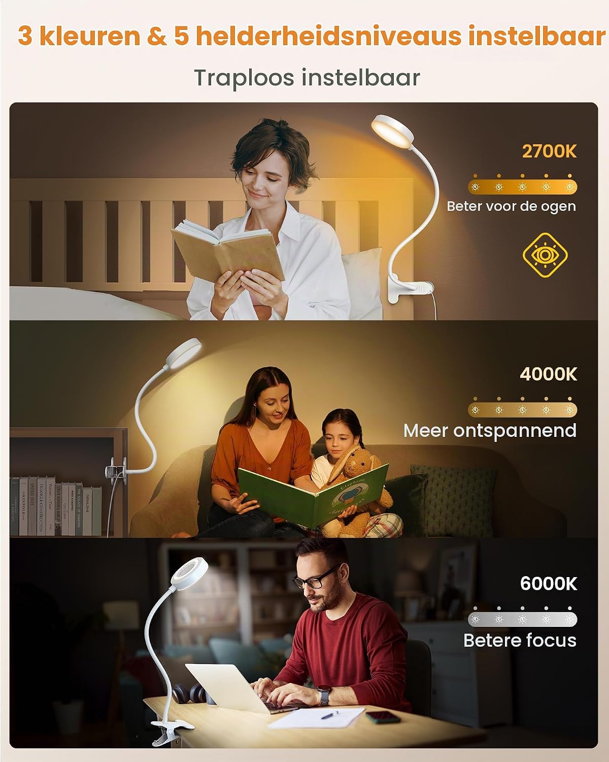 Detalle de Glocusent A31 klemlamp met 72 leds, 360° zwanenhals en timer