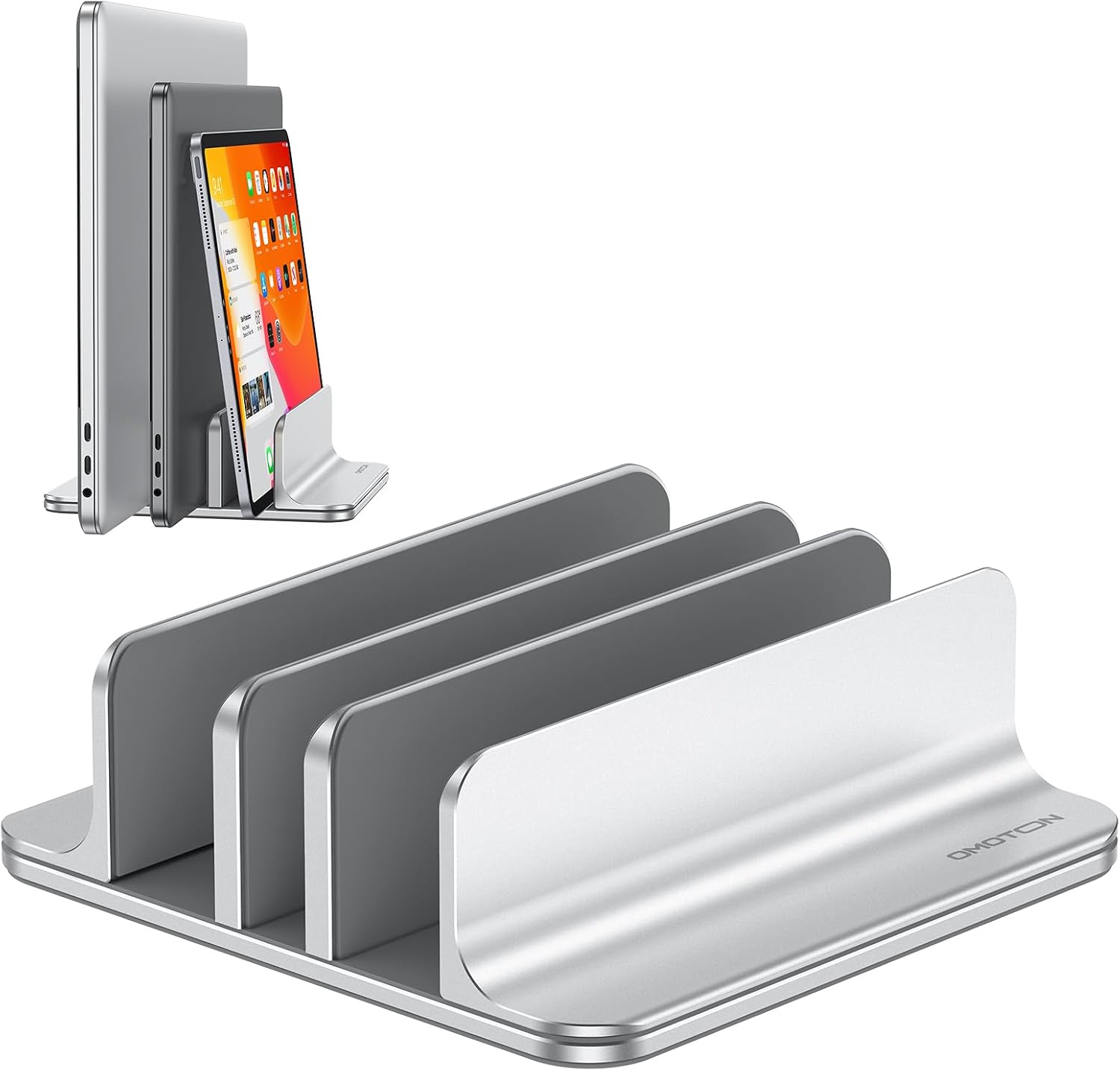 Detalle de OMOTON VL03-Silver 3-Slot Vertical Laptop Stand, Adjustable Aluminum, Bright Silver