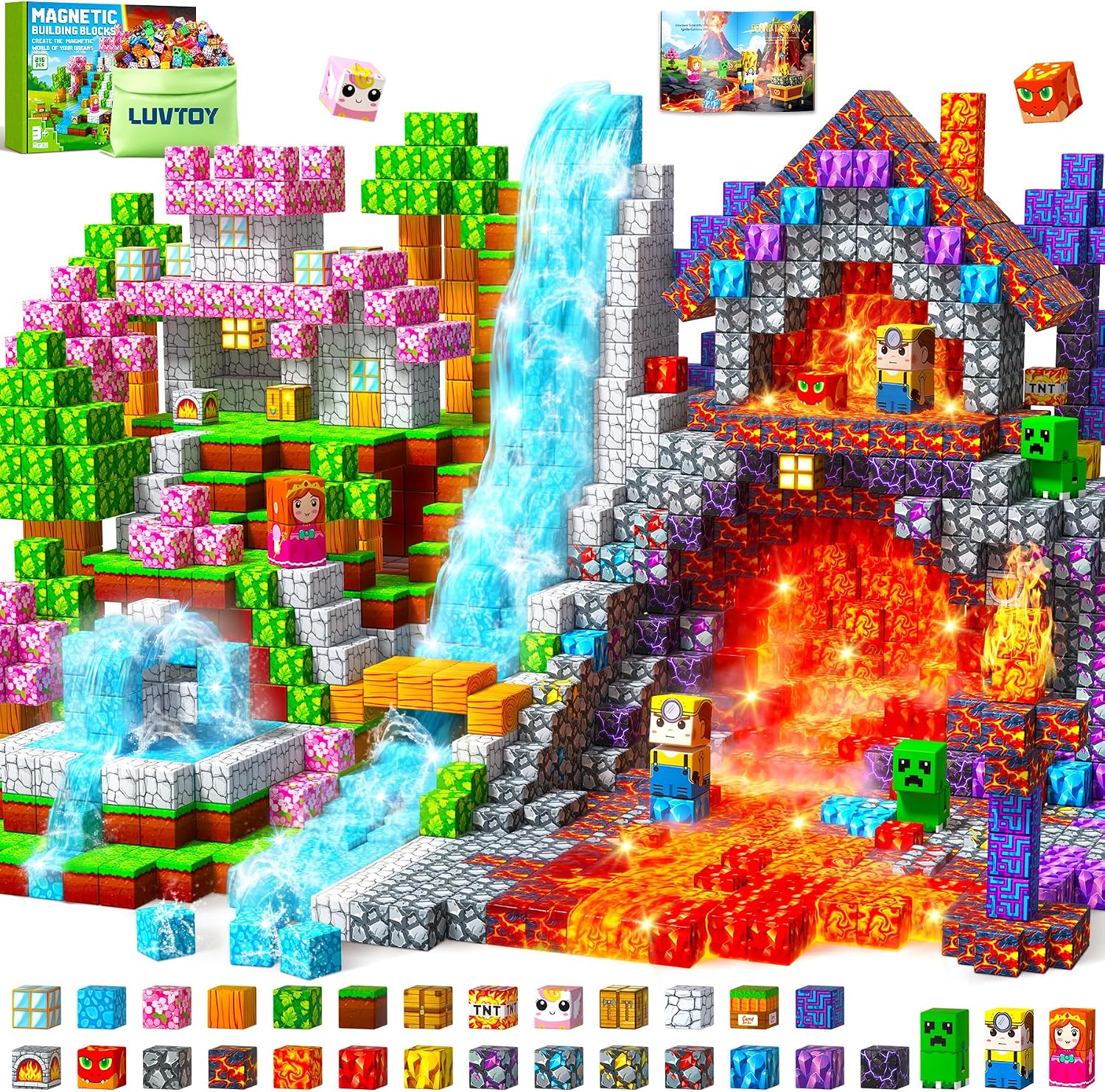 Detalle de LUVTOY Costruzioni Magnetiche per Bambini – Set da 216 pezzi con temi Magma Scuro e Prateria
