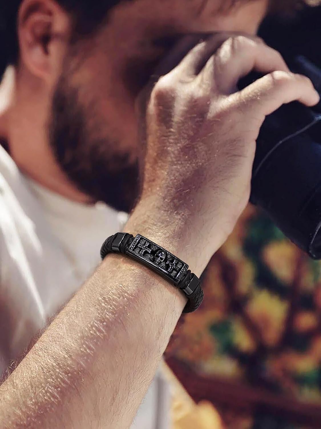 Thumbnail 2 de Bandmax Lederarmband für Herren „Mjölnir/Totenkopf/Freimaurerei“ mit Magnetverschluss