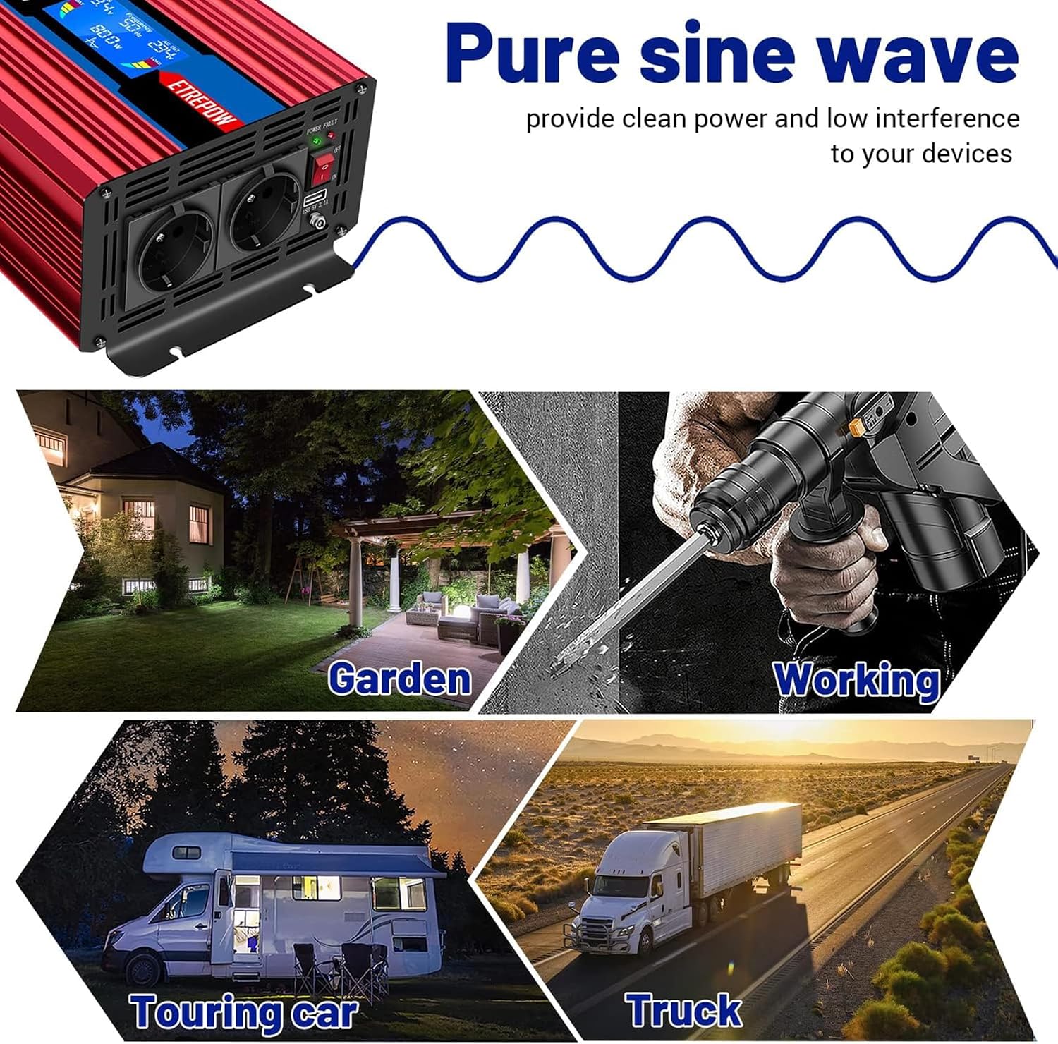 Detalle de ETREPOW 2000W Inverter 24V a Onda Pura 220V con TeleComando Wireless, Display LCD e 2 prese EU + USB