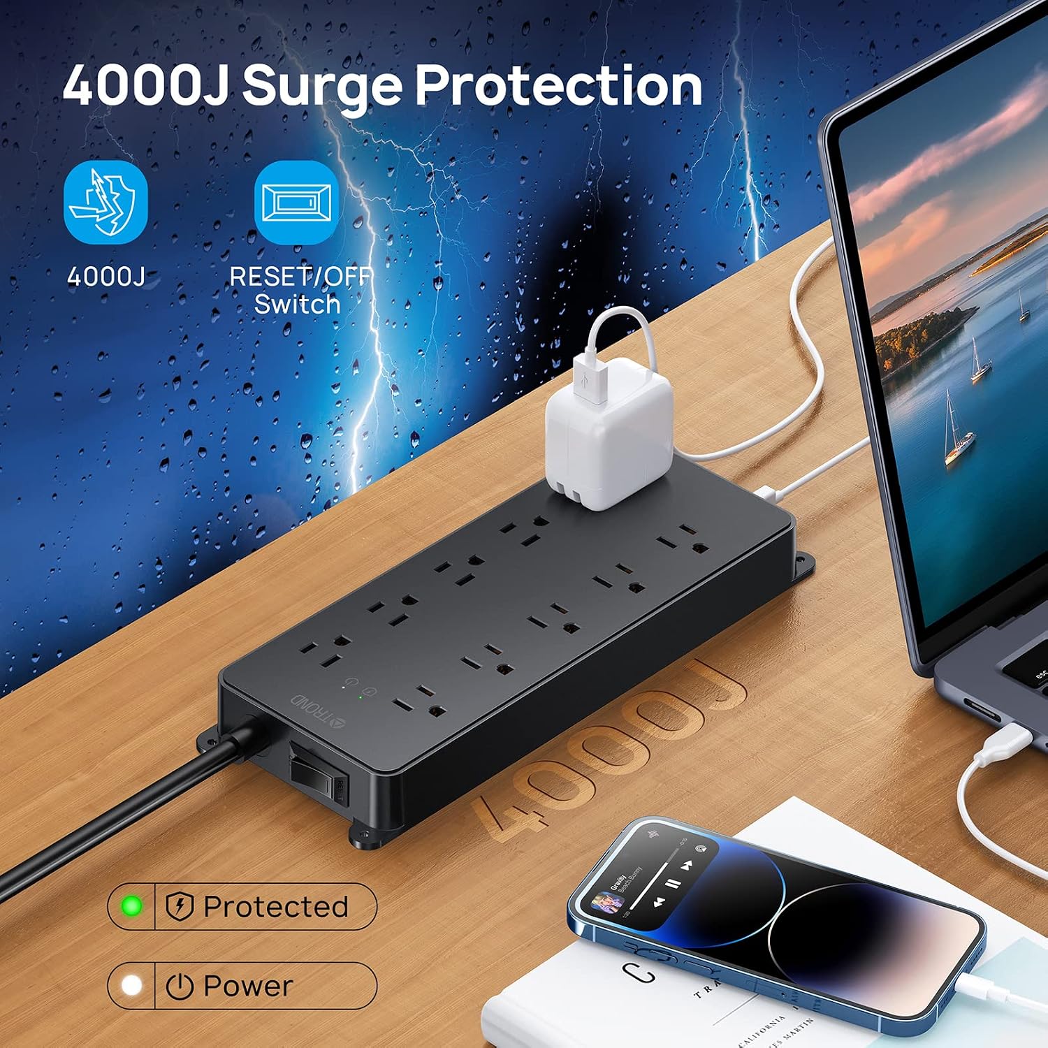 Detalle 2 de TROND Surge Protector Power Bar, 10 Outlets