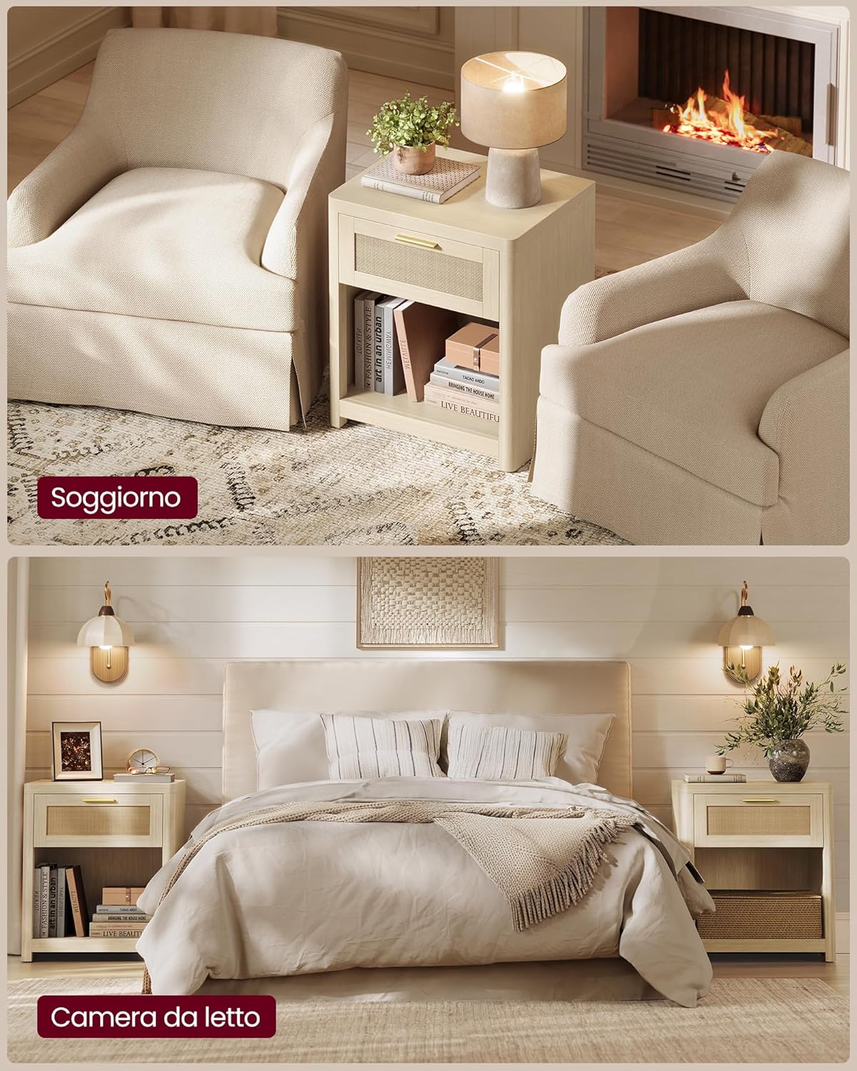 Thumbnail 6 de VASAGLE ELLAN Collezione – Comodini Boho con Cassett o in Effetto Rattan, Set da 2, Beige Naturale LET818LC01