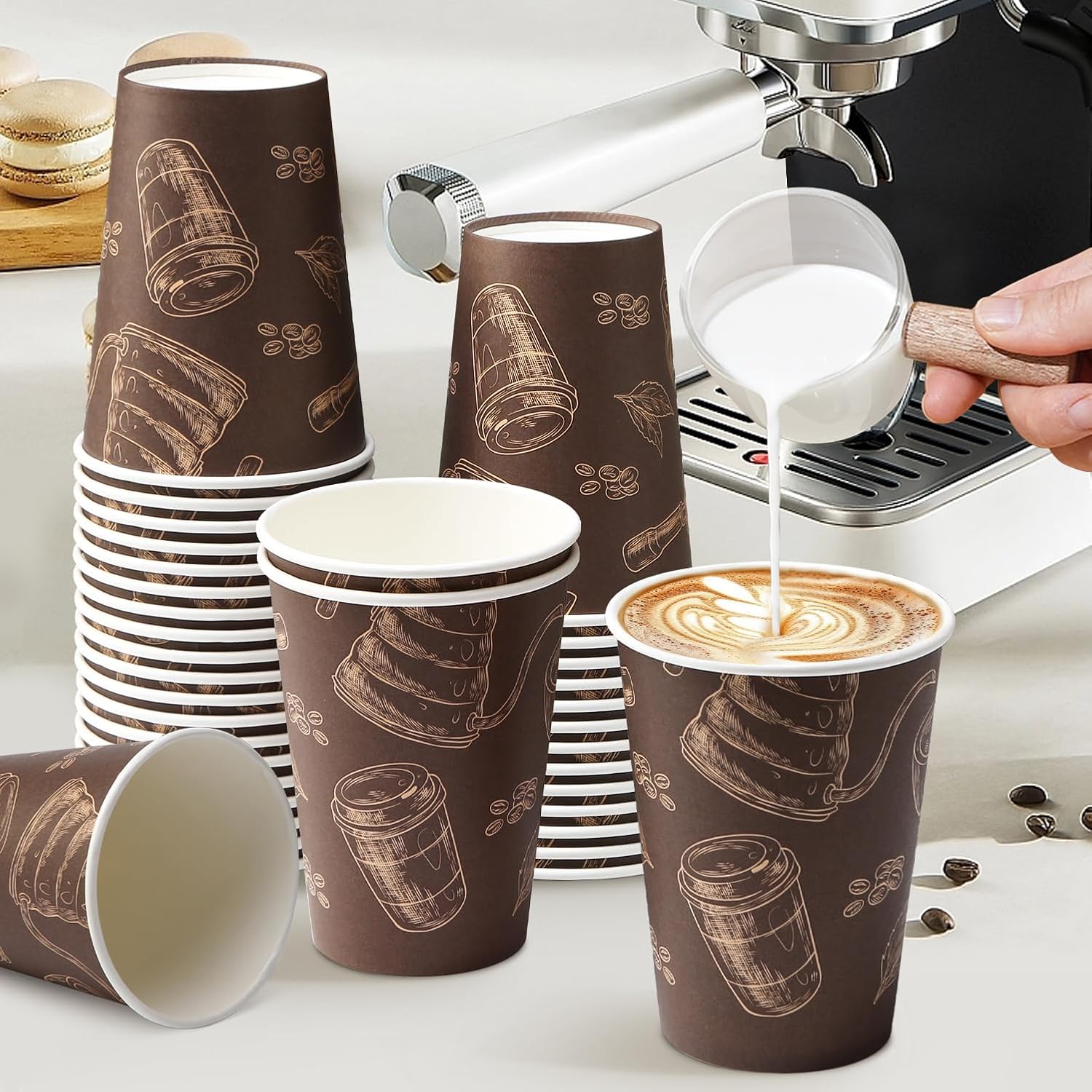 Detalle de Huifany 12 oz Paper Coffee Cups (180 Pack) – Thickened, Leak-Proof, BPA-Free for Hot & Cold Beverages