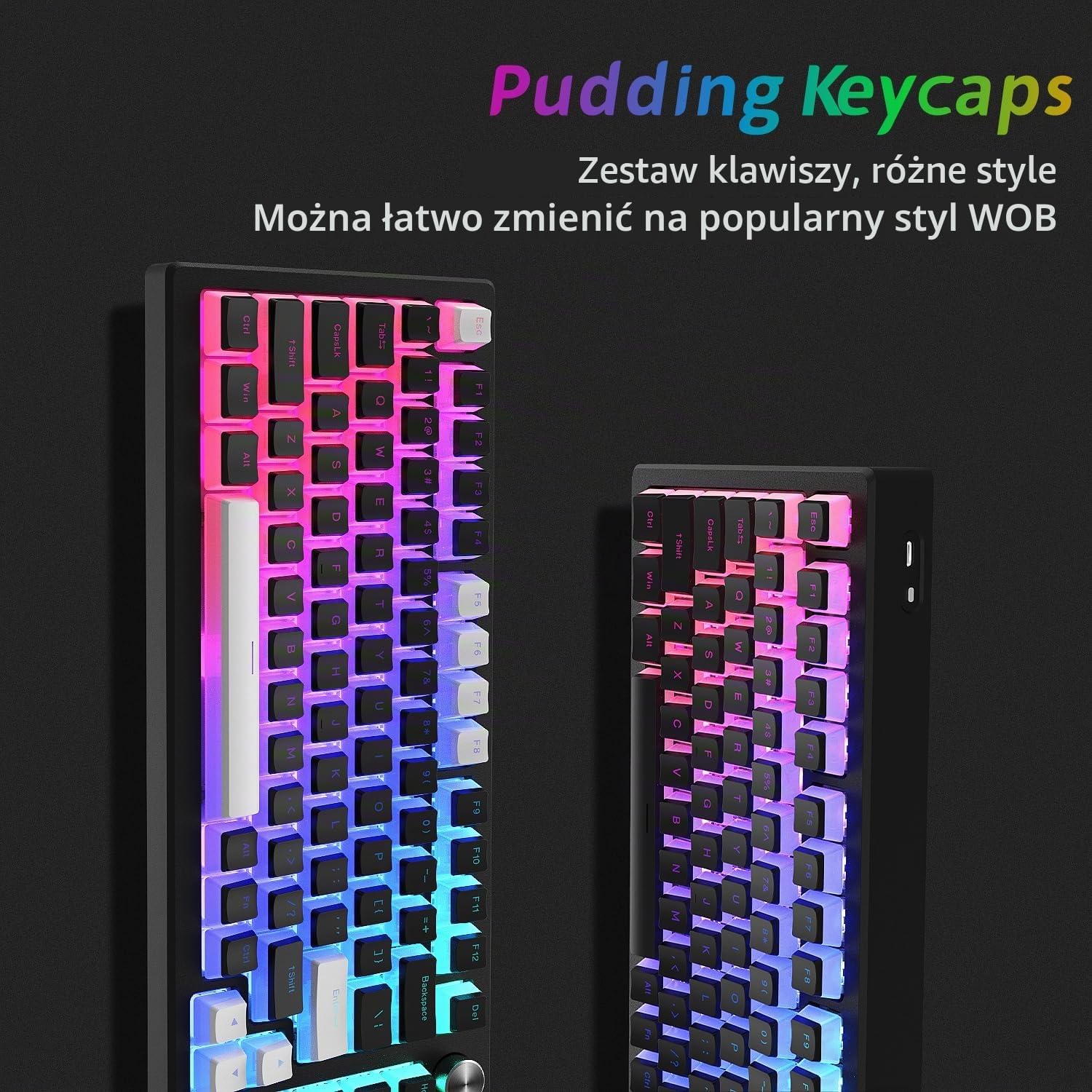 Detalle de Womier Pudding – 165 czarnych nakładek PBT, profil OEM i efekt RGB
