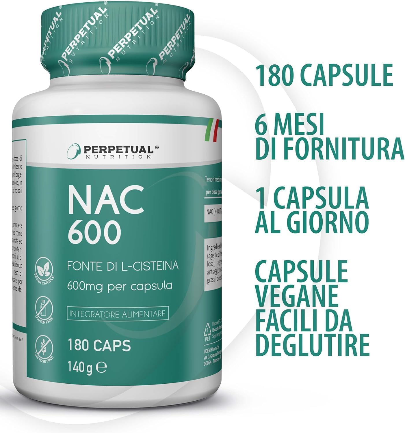 Detalle de NAC - 180 Capsule, 600 mg di N-Acetil-Cisteina: supporto mucolitico e detossificante
