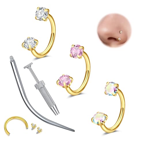 Detalle de WillTen 18G Bijoux pour piercing au septum – Anneau en fer à cheval acier inoxydable, double gemme doré