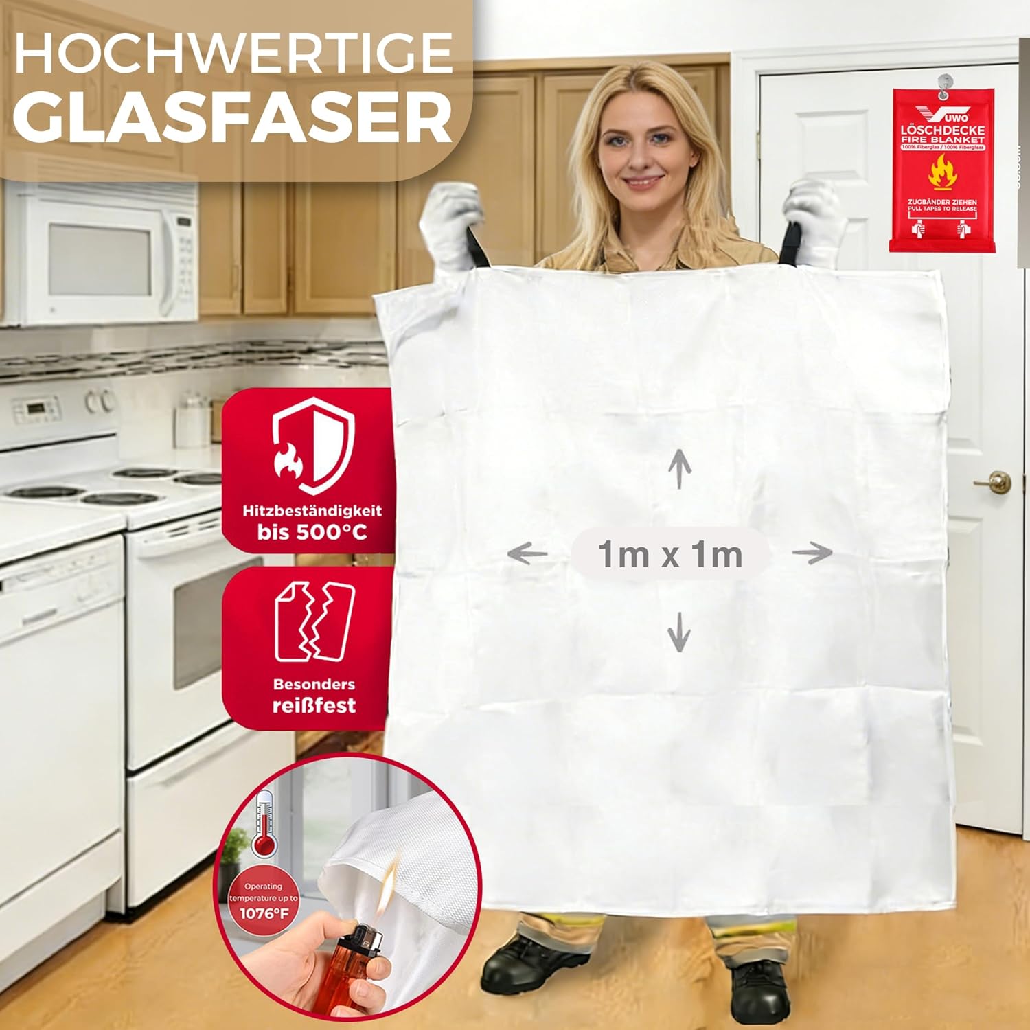 Thumbnail 1 de vuwo Löschdecke für Küche (Notfall-Feuerlöschdecke) nach EN 1869:2019 – Glasfaser, für Fettbrände