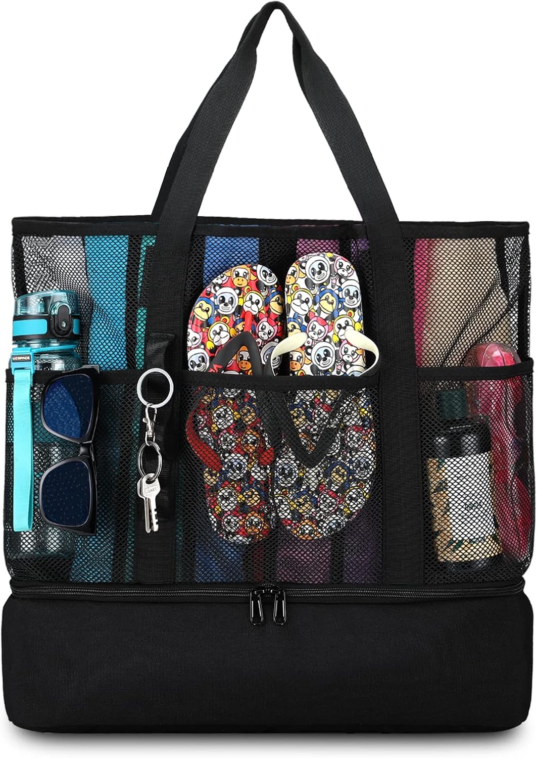 Detalle de UYLIA Large Tote Mesh Beach Bag with Cooler – 8-pocket sandproof waterproof foldable tote