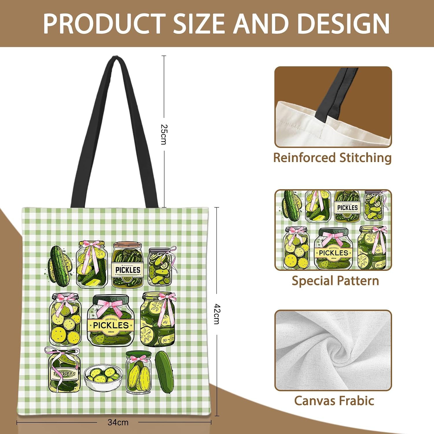 Detalle de Shaeotek Travel Canvas Tote Bag – Cucumber Jar Themed, Foldable & Spacious for Women