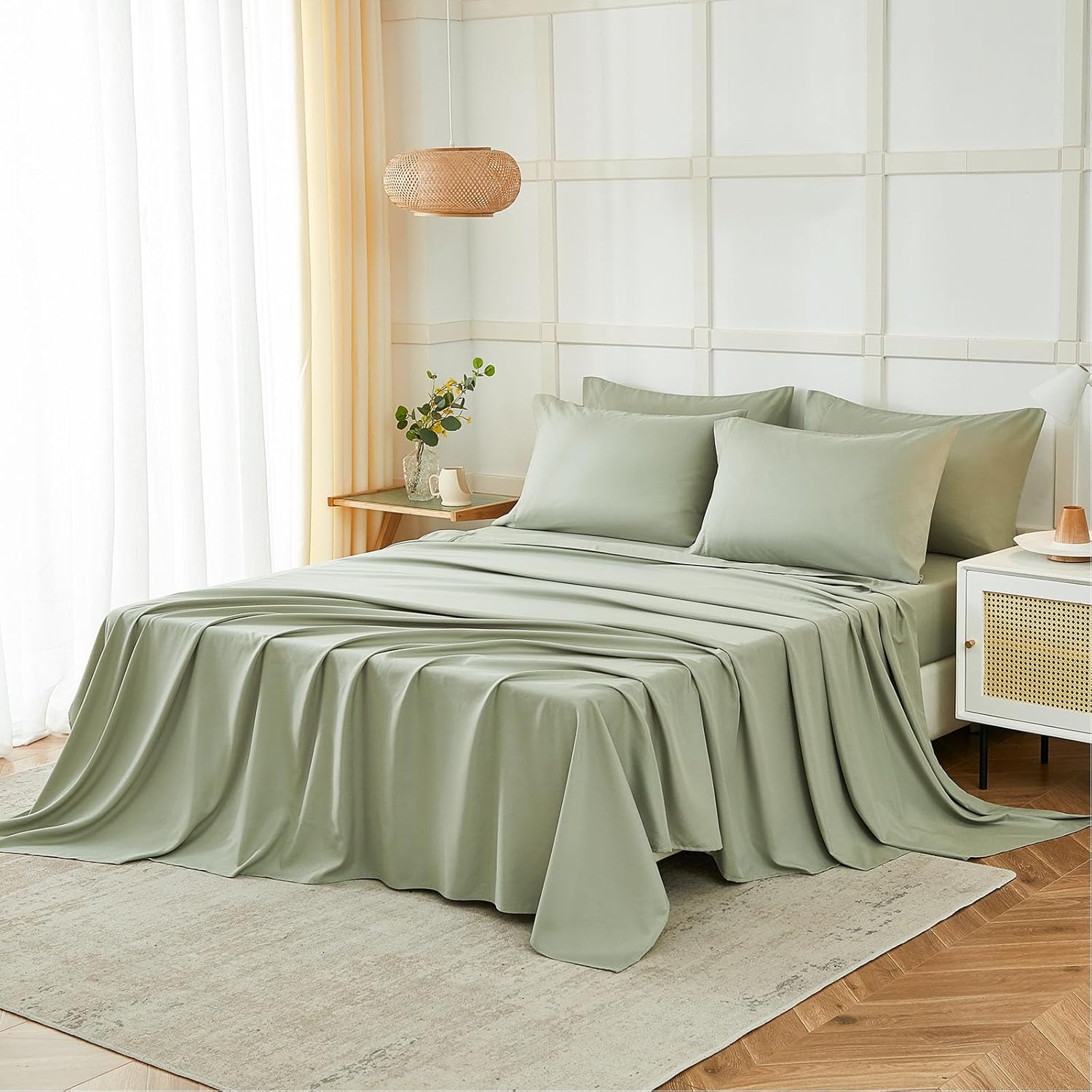 Thumbnail 5 de ILAVANDE Queen Sheets Set (6-Piece) 1800 Series Double Brushed Microfiber — Wrinkle-Free, Breathable Deep Pocket, Sage Green